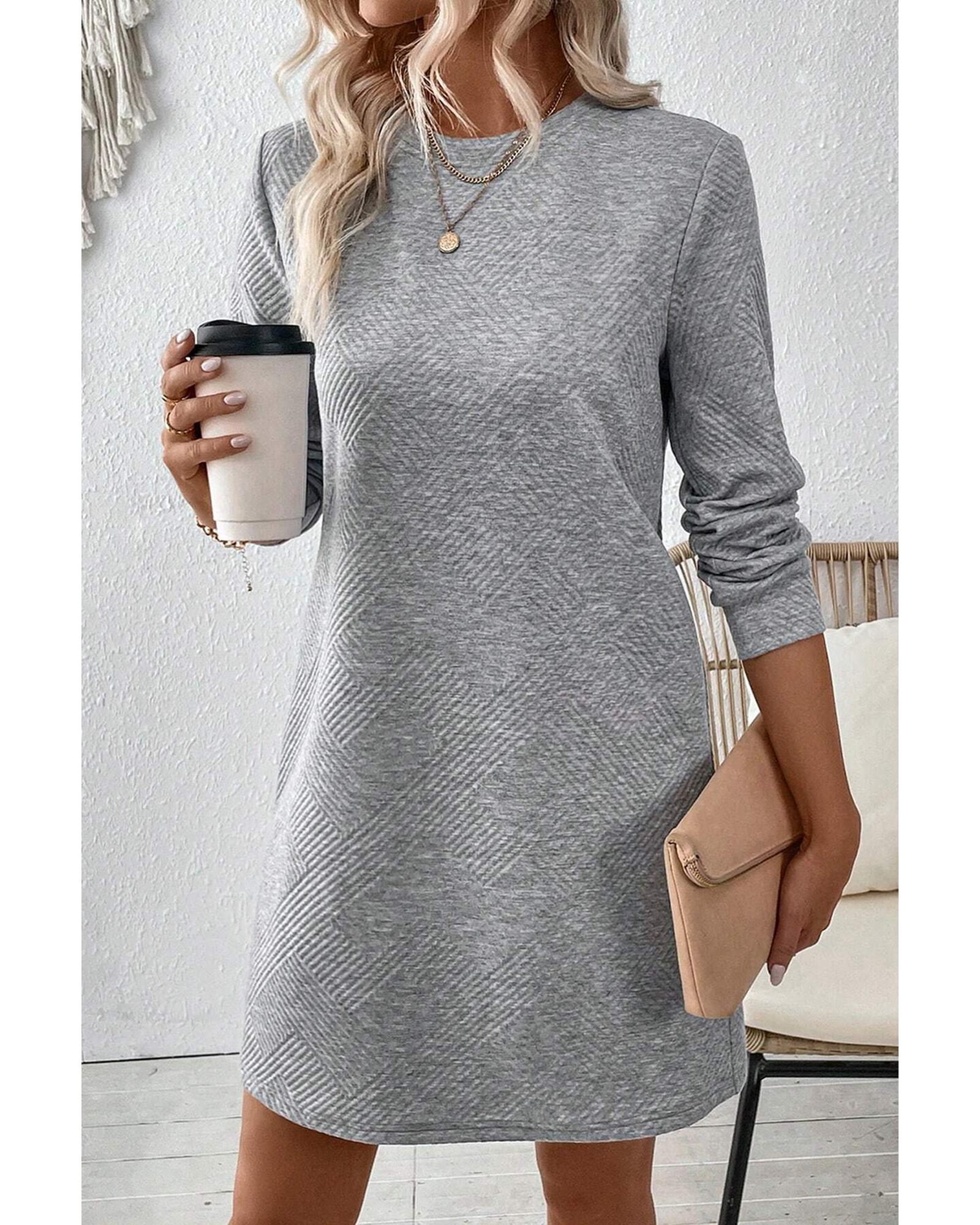 Gray Solid Color Textured Long Sleeve Shift Dress - L