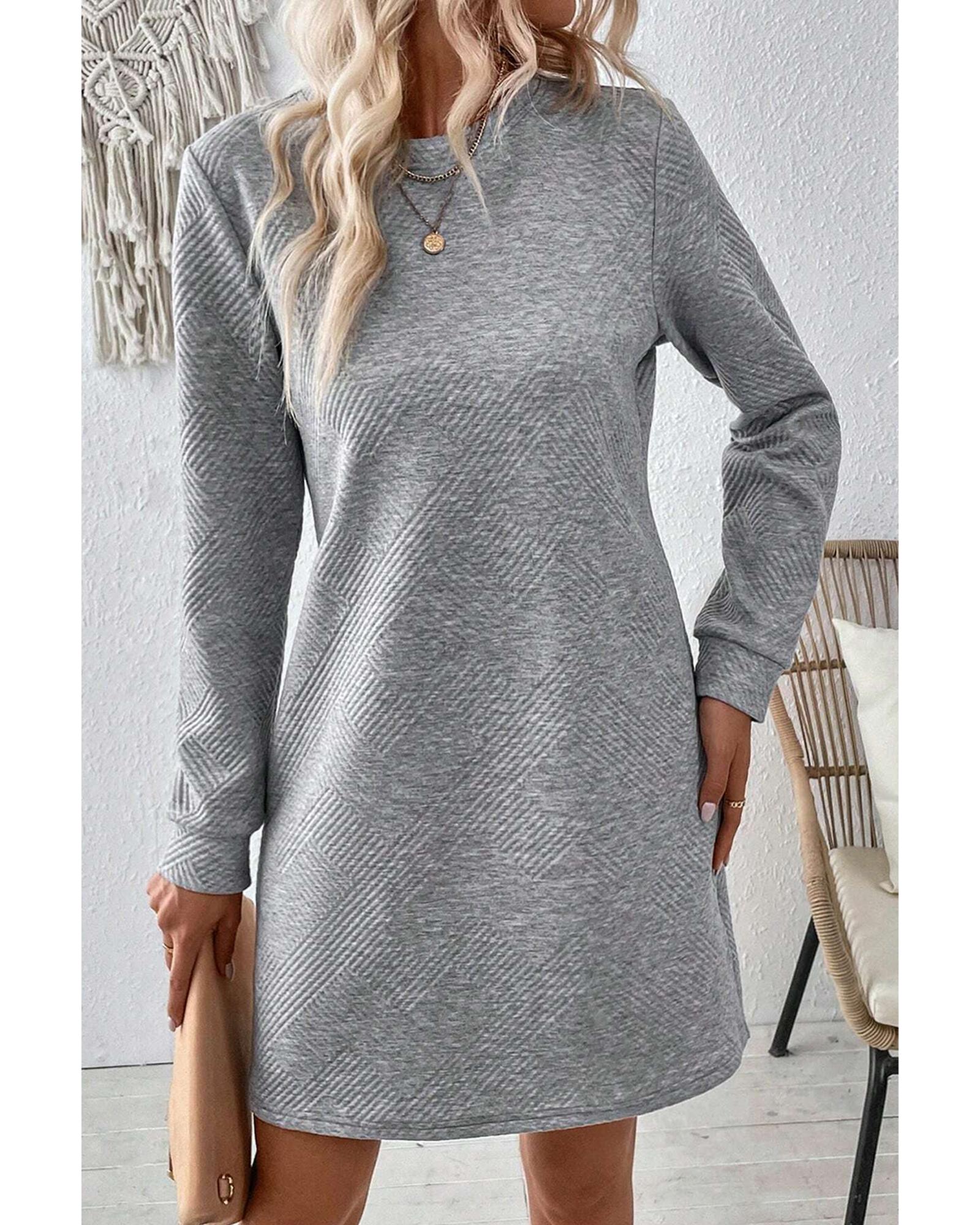 Gray Solid Color Textured Long Sleeve Shift Dress - XL