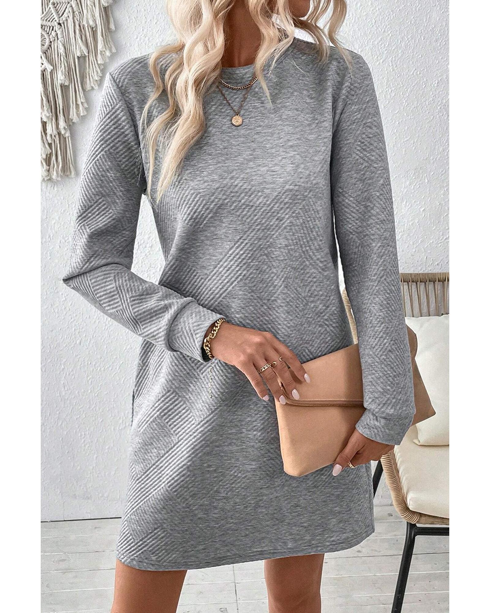 Gray Solid Color Textured Long Sleeve Shift Dress - XL