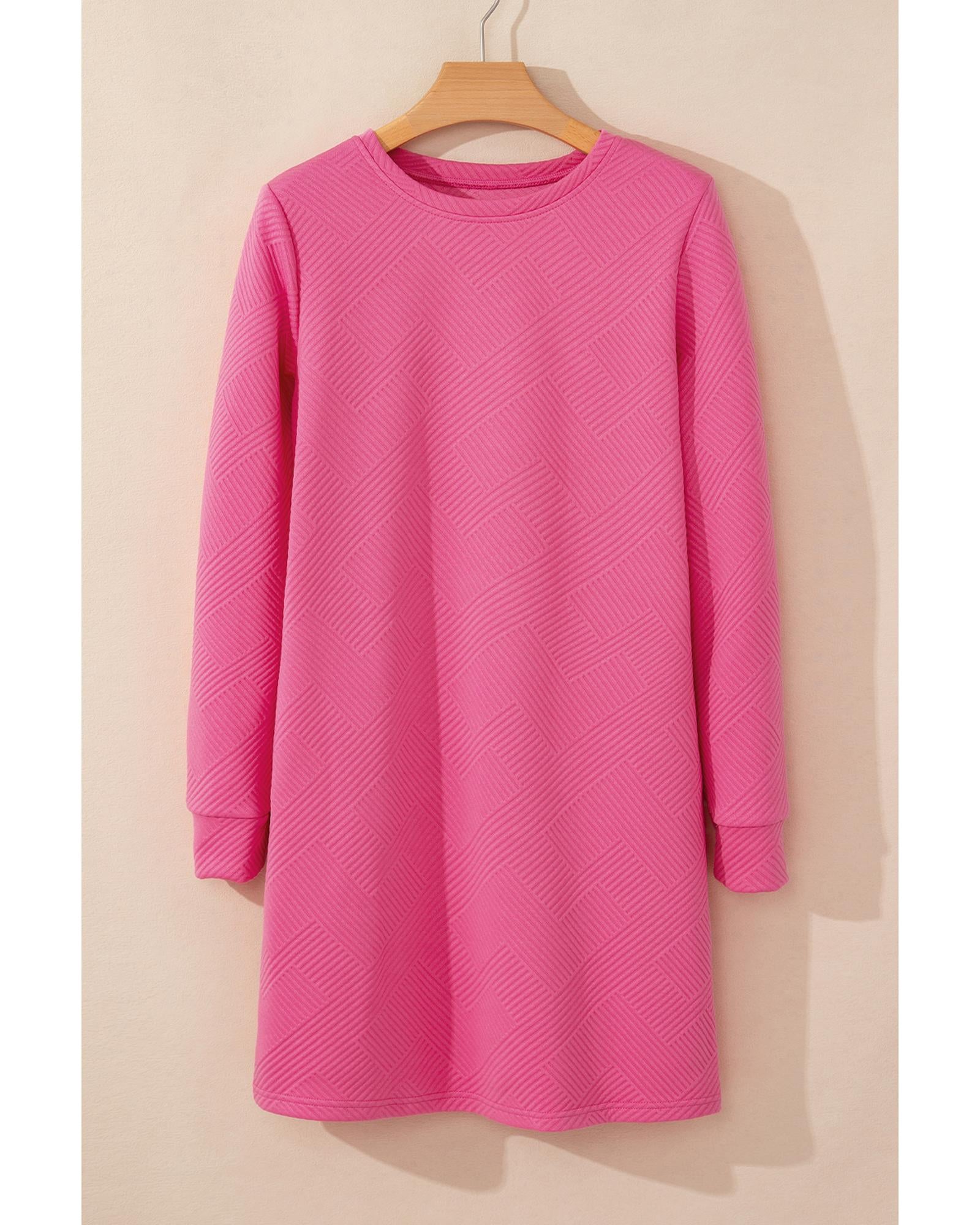 Rose Red Solid Color Textured Long Sleeve Shift Dress - L