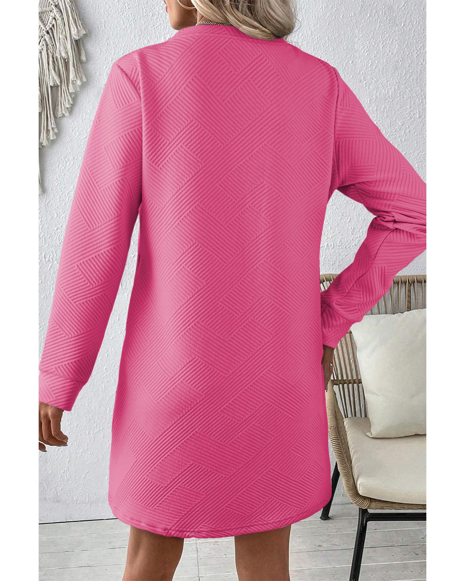 Rose Red Solid Color Textured Long Sleeve Shift Dress - L