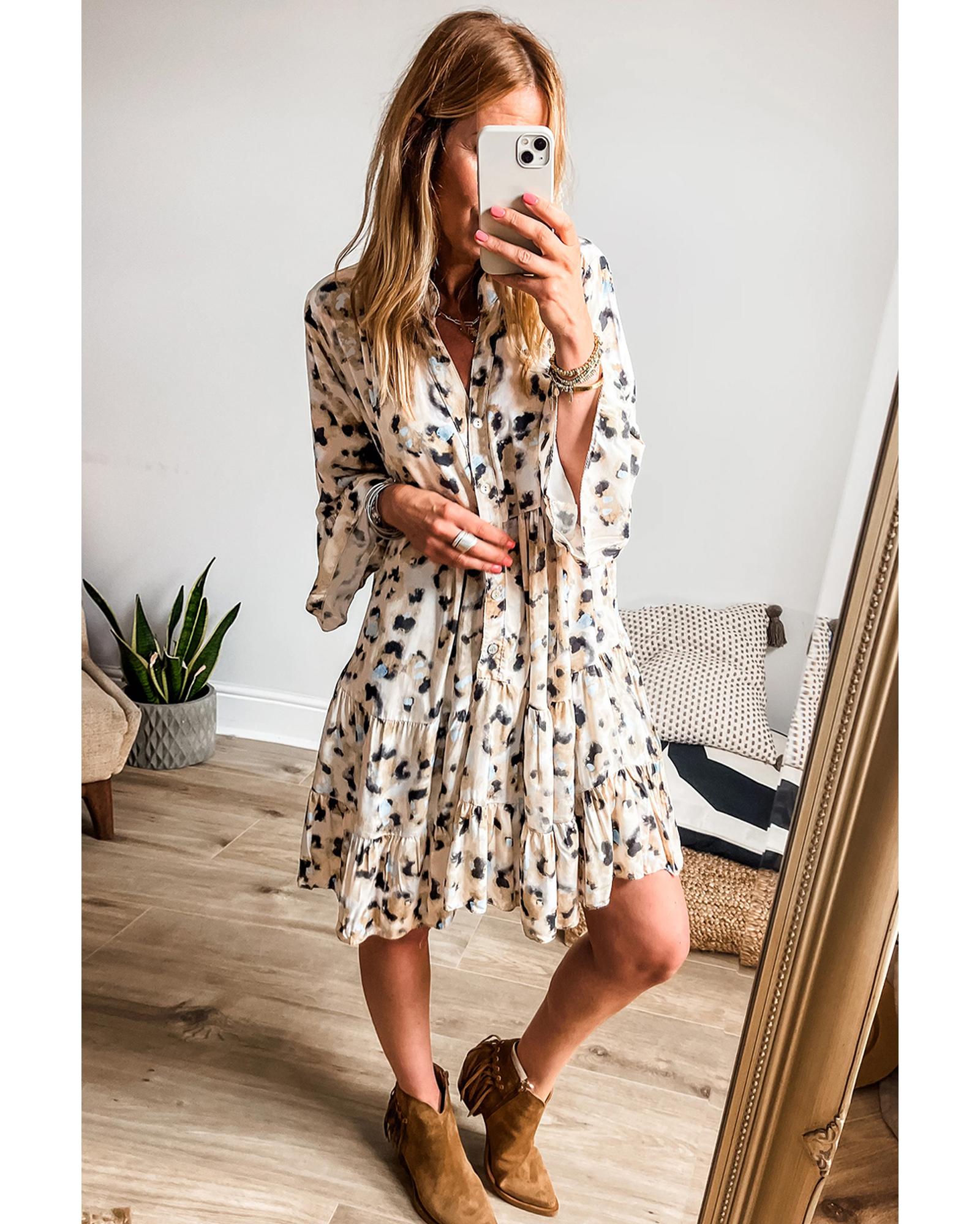 Khaki Leopard Print Buttoned Front 3/4 Sleeve Tiered Ruffled Hem Dress - 2XL