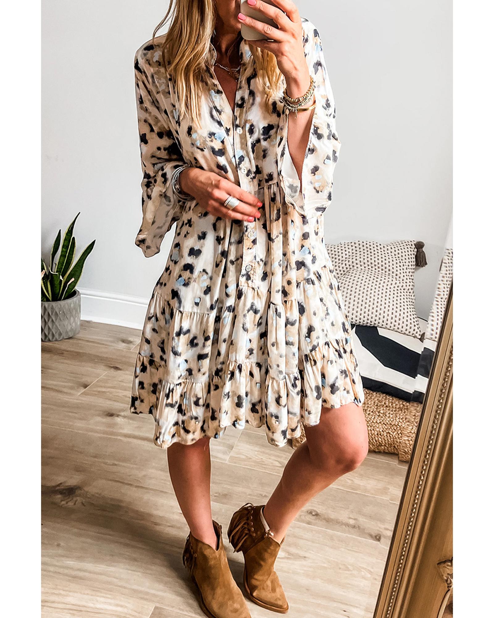 Khaki Leopard Print Buttoned Front 3/4 Sleeve Tiered Ruffled Hem Dress - M