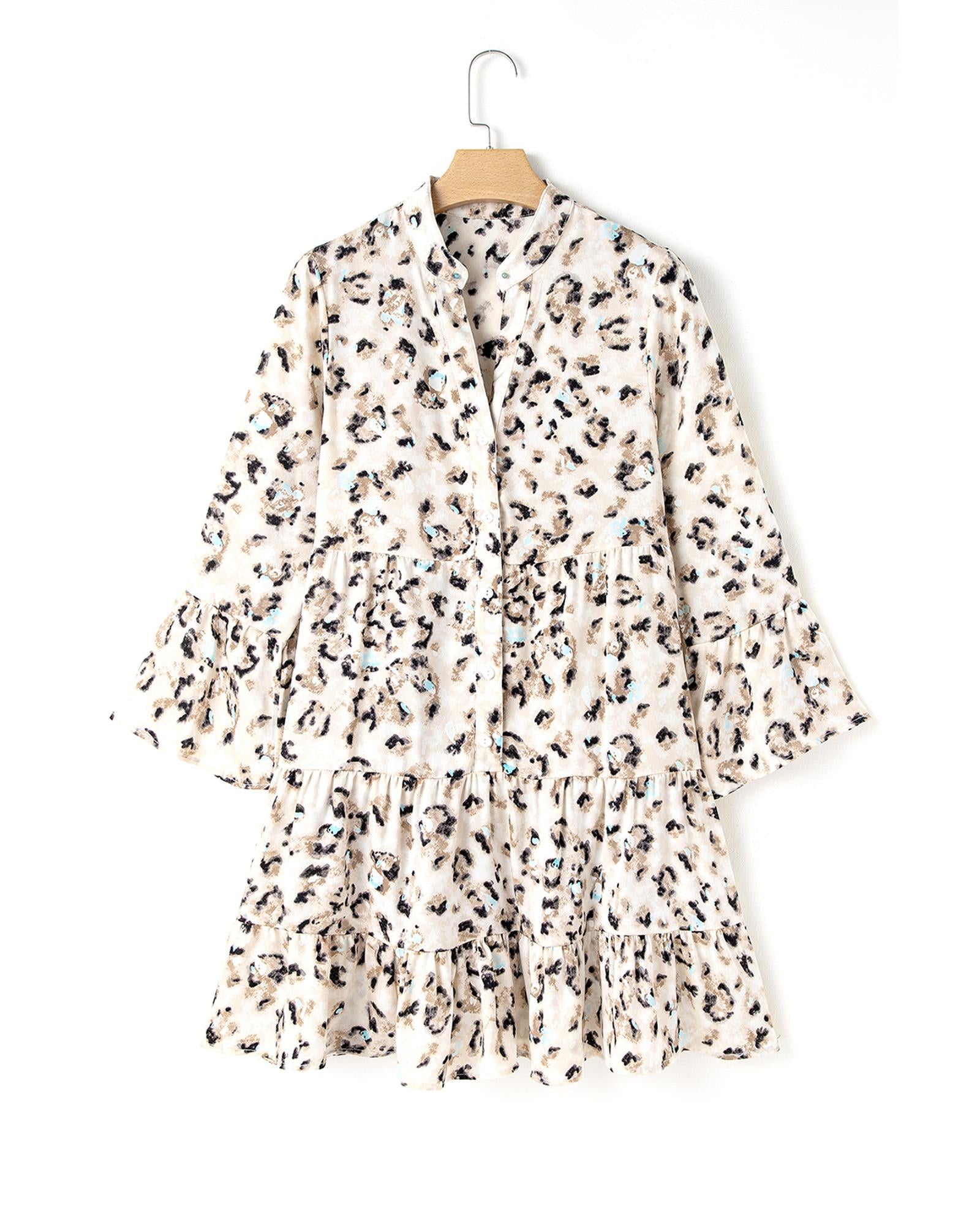 Khaki Leopard Print Buttoned Front 3/4 Sleeve Tiered Ruffled Hem Dress - M