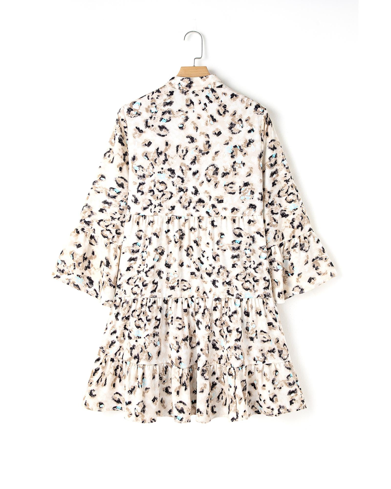 Khaki Leopard Print Buttoned Front 3/4 Sleeve Tiered Ruffled Hem Dress - XL