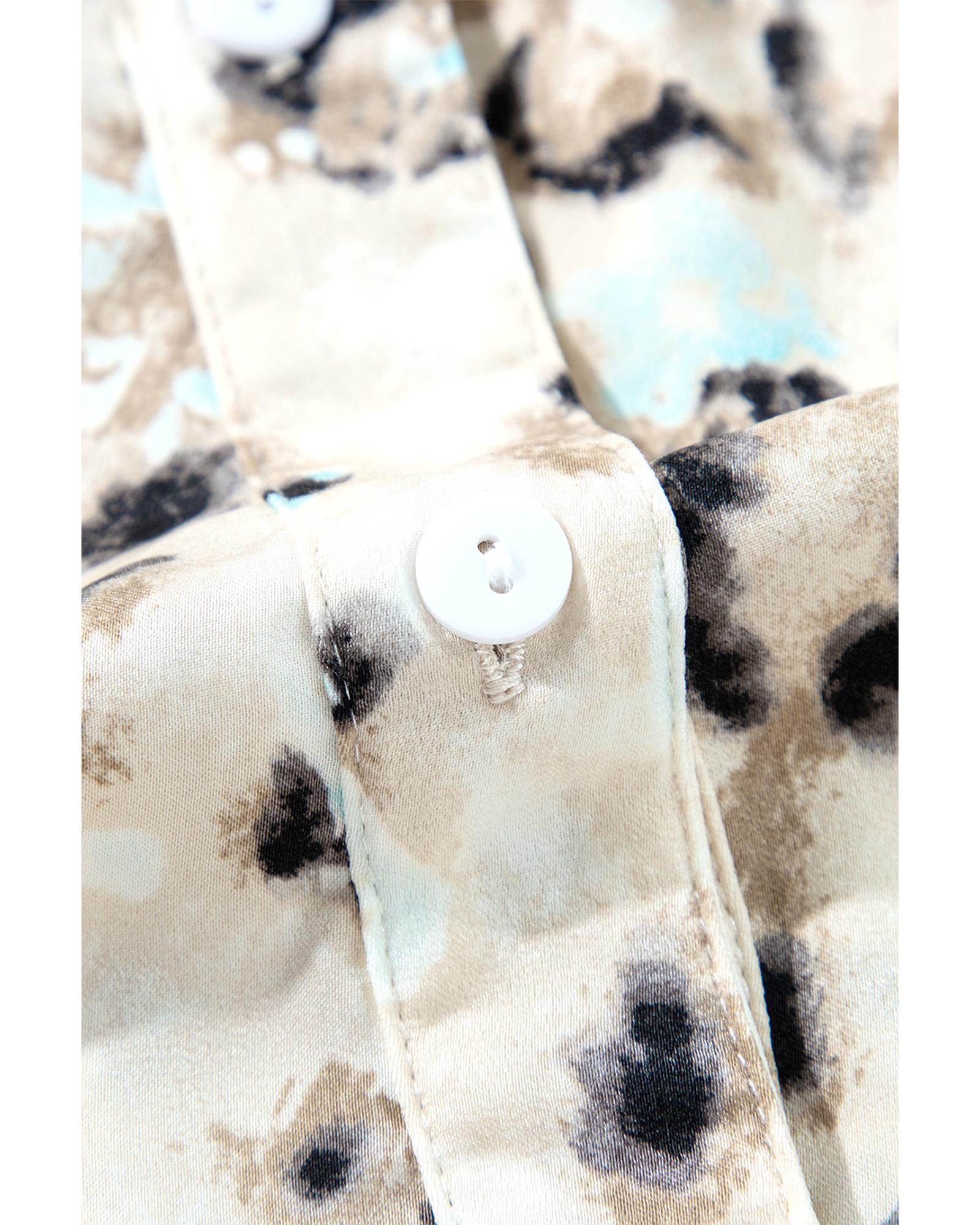 Khaki Leopard Print Buttoned Front 3/4 Sleeve Tiered Ruffled Hem Dress - XL