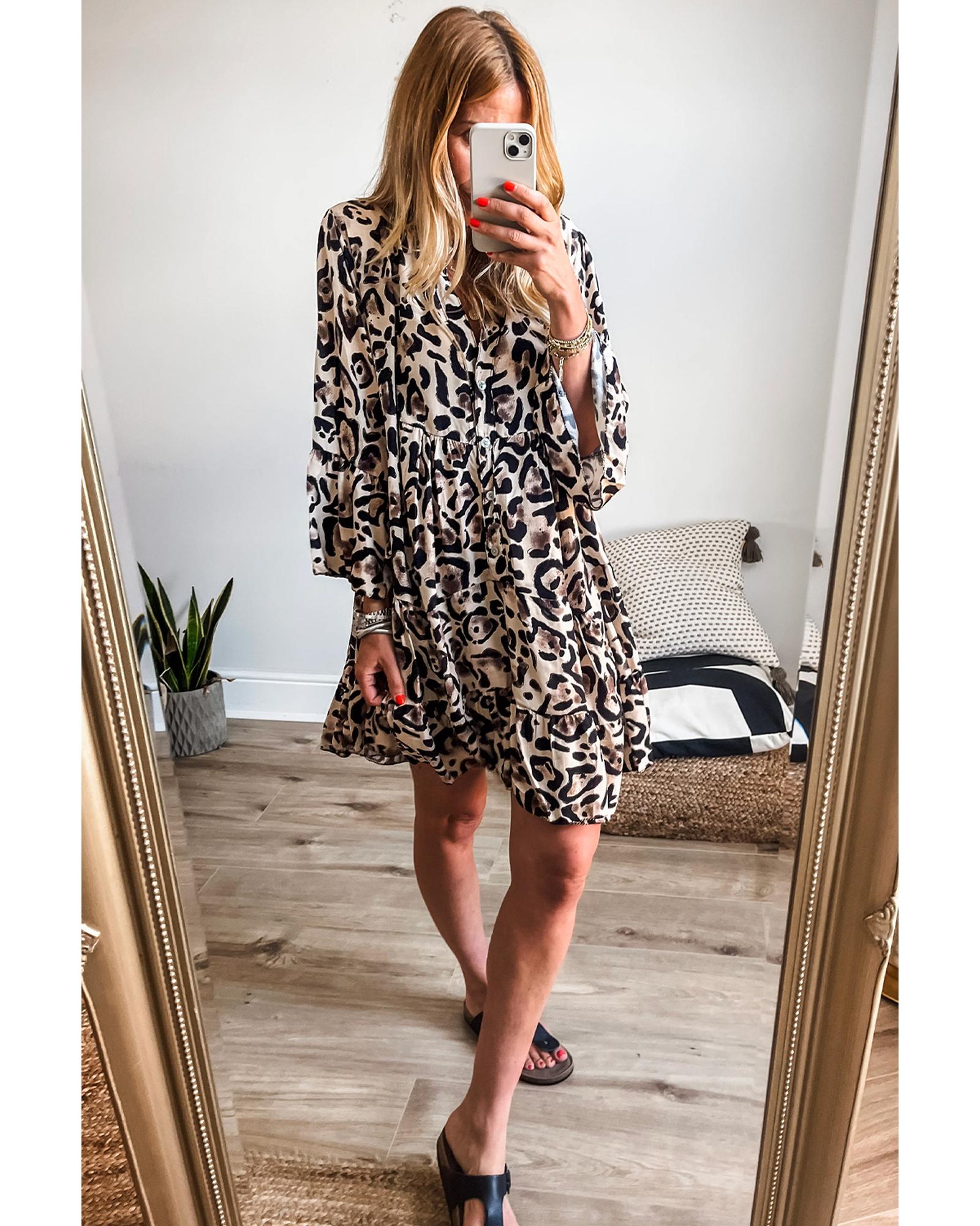 Black Leopard Print Buttoned Front 3/4 Sleeve Tiered Ruffled Hem Dress - L