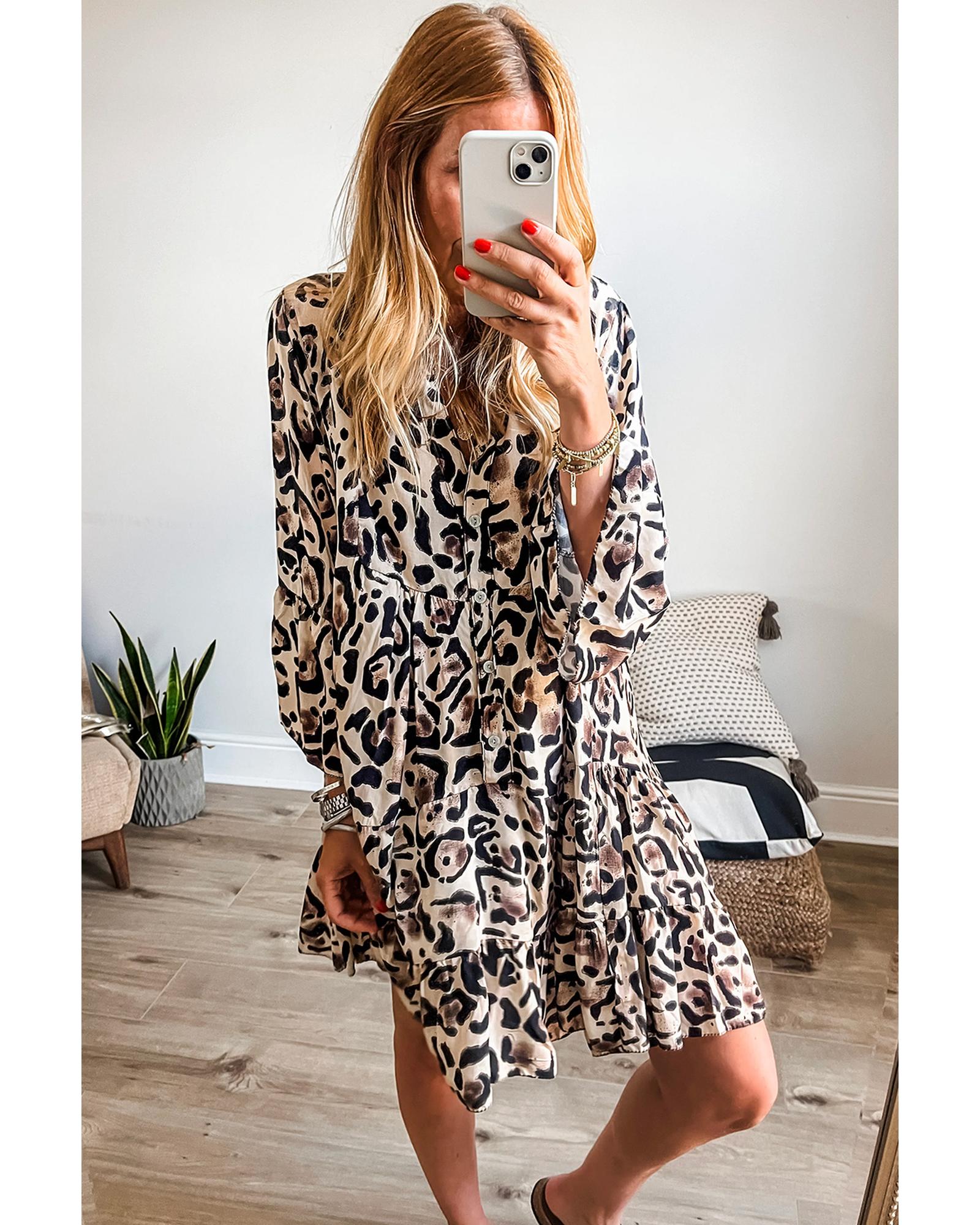 Black Leopard Print Buttoned Front 3/4 Sleeve Tiered Ruffled Hem Dress - L