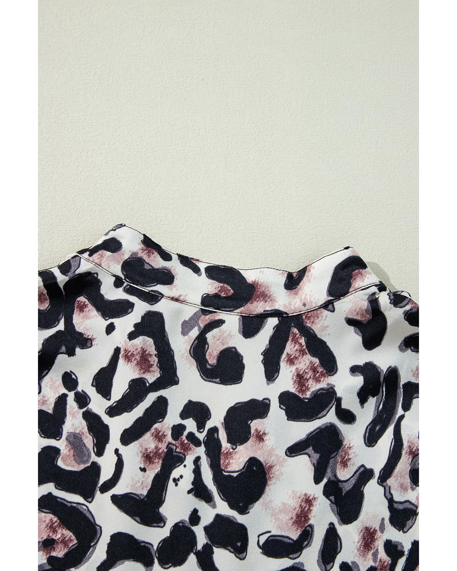 Black Leopard Print Buttoned Front 3/4 Sleeve Tiered Ruffled Hem Dress - L