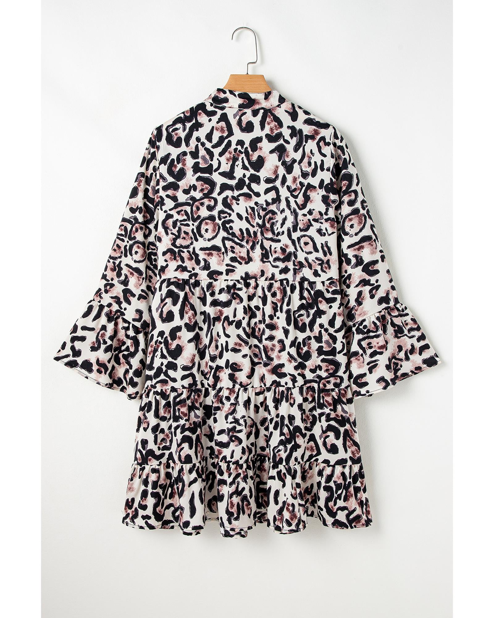 Black Leopard Print Buttoned Front 3/4 Sleeve Tiered Ruffled Hem Dress - M