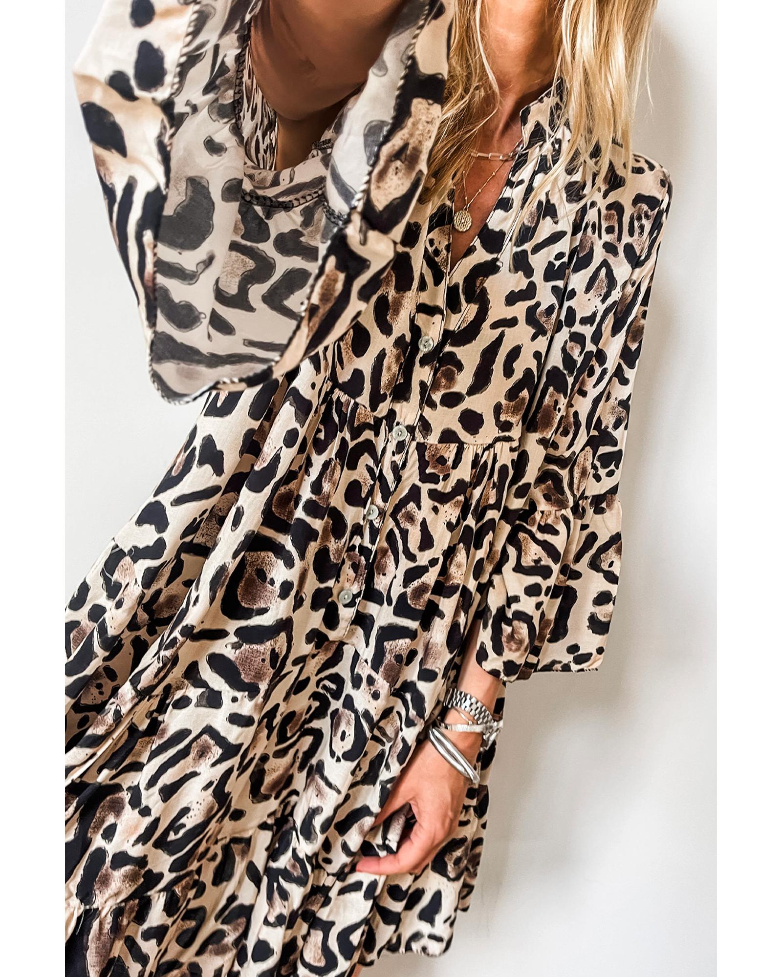 Black Leopard Print Buttoned Front 3/4 Sleeve Tiered Ruffled Hem Dress - M