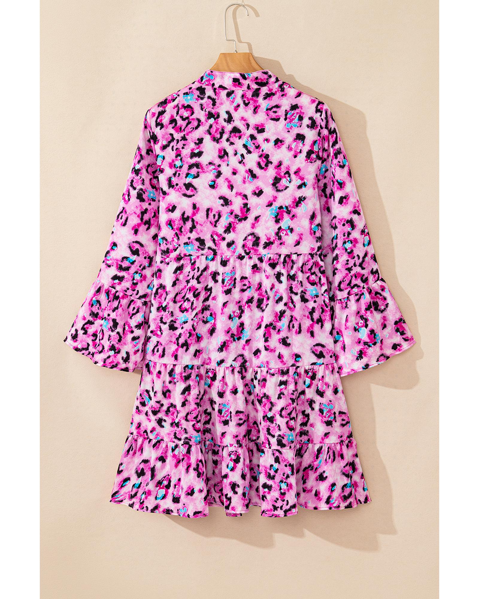 Rose Leopard Print Buttoned Front 3/4 Sleeve Tiered Ruffled Hem Dress - L