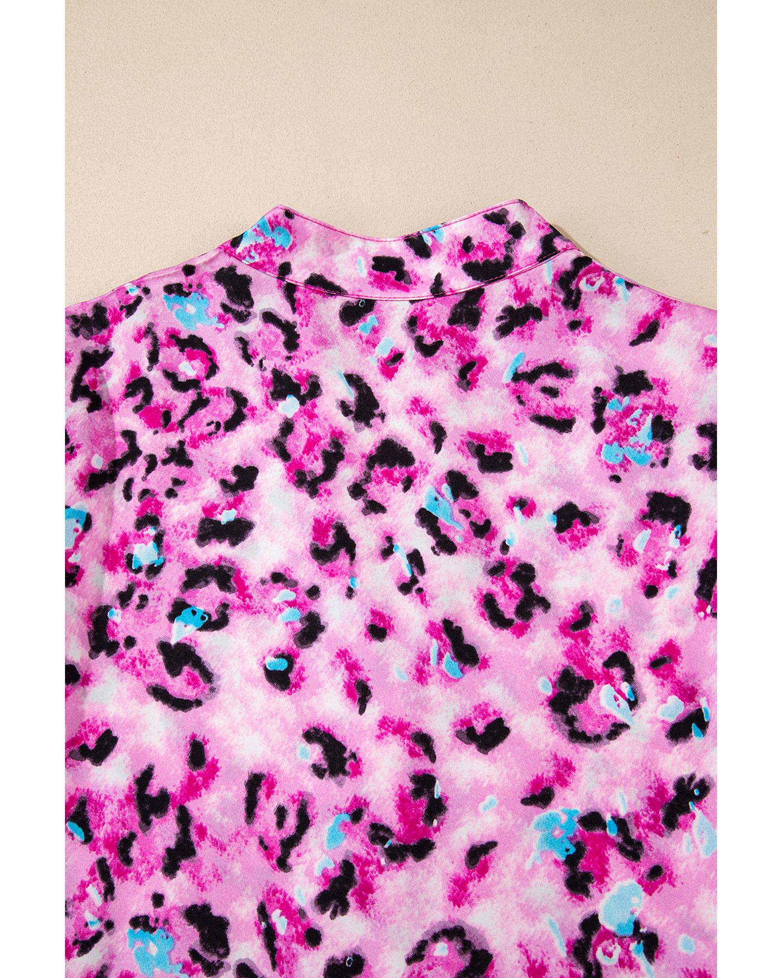 Rose Leopard Print Buttoned Front 3/4 Sleeve Tiered Ruffled Hem Dress - L