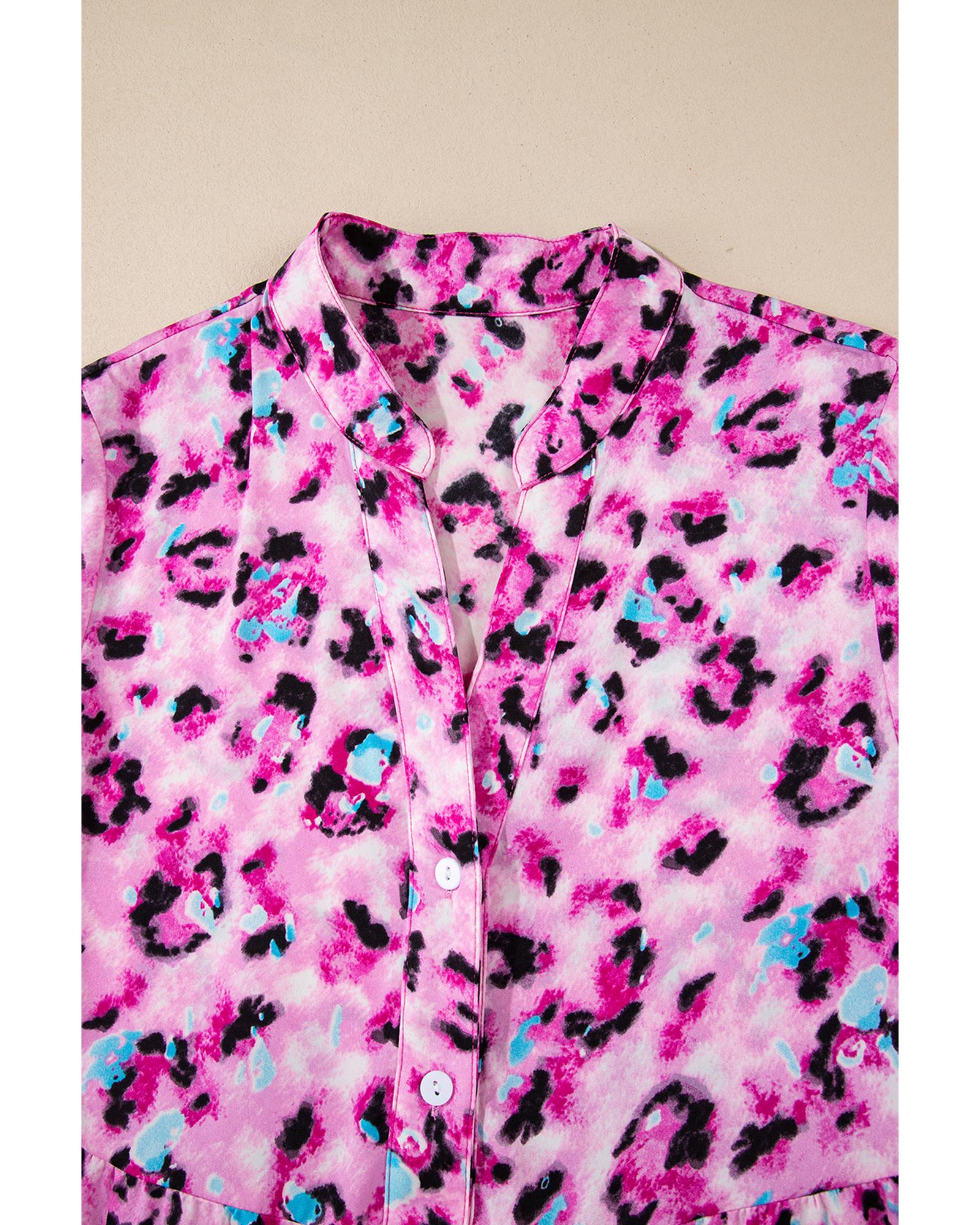 Rose Leopard Print Buttoned Front 3/4 Sleeve Tiered Ruffled Hem Dress - L