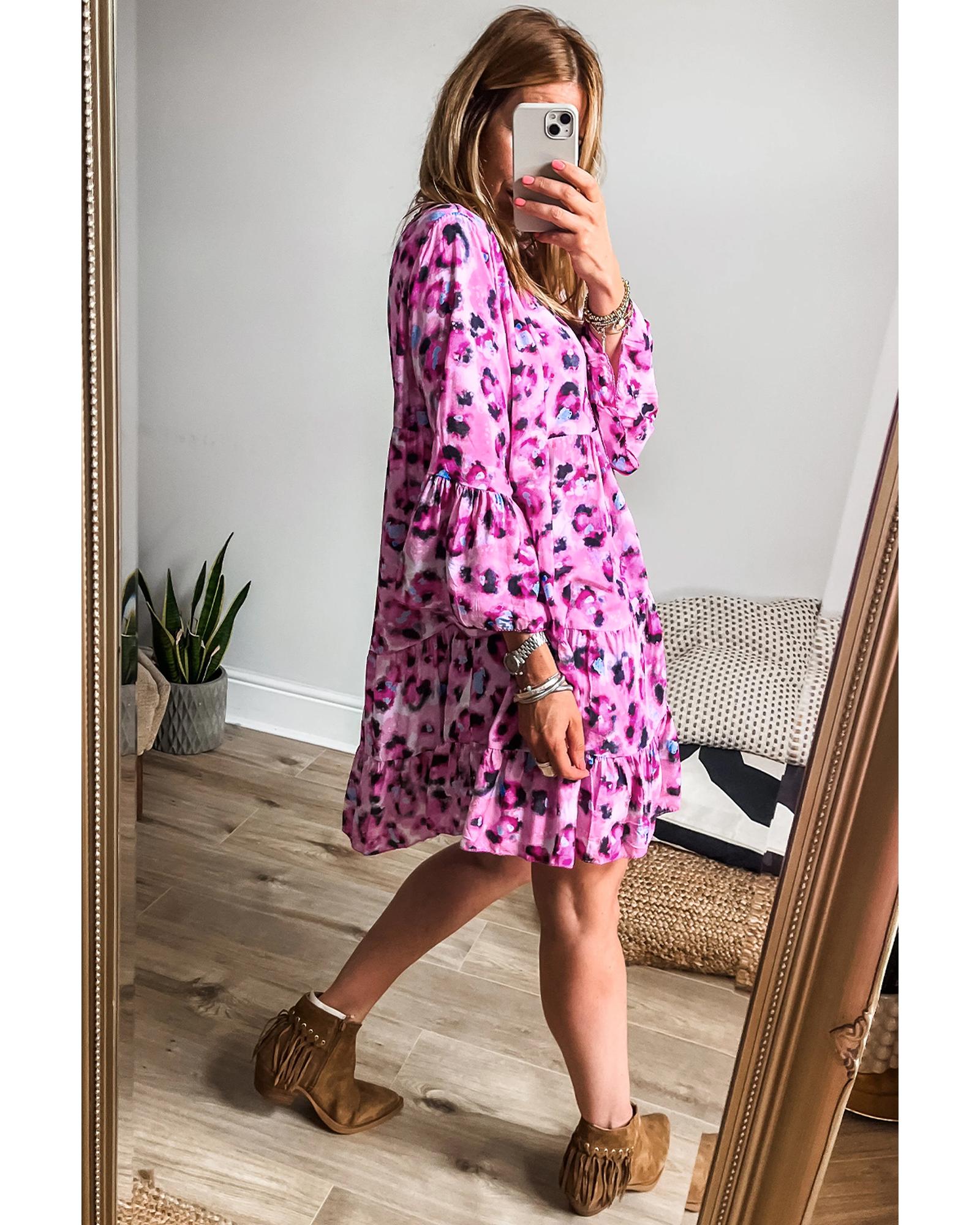 Rose Leopard Print Buttoned Front 3/4 Sleeve Tiered Ruffled Hem Dress - L
