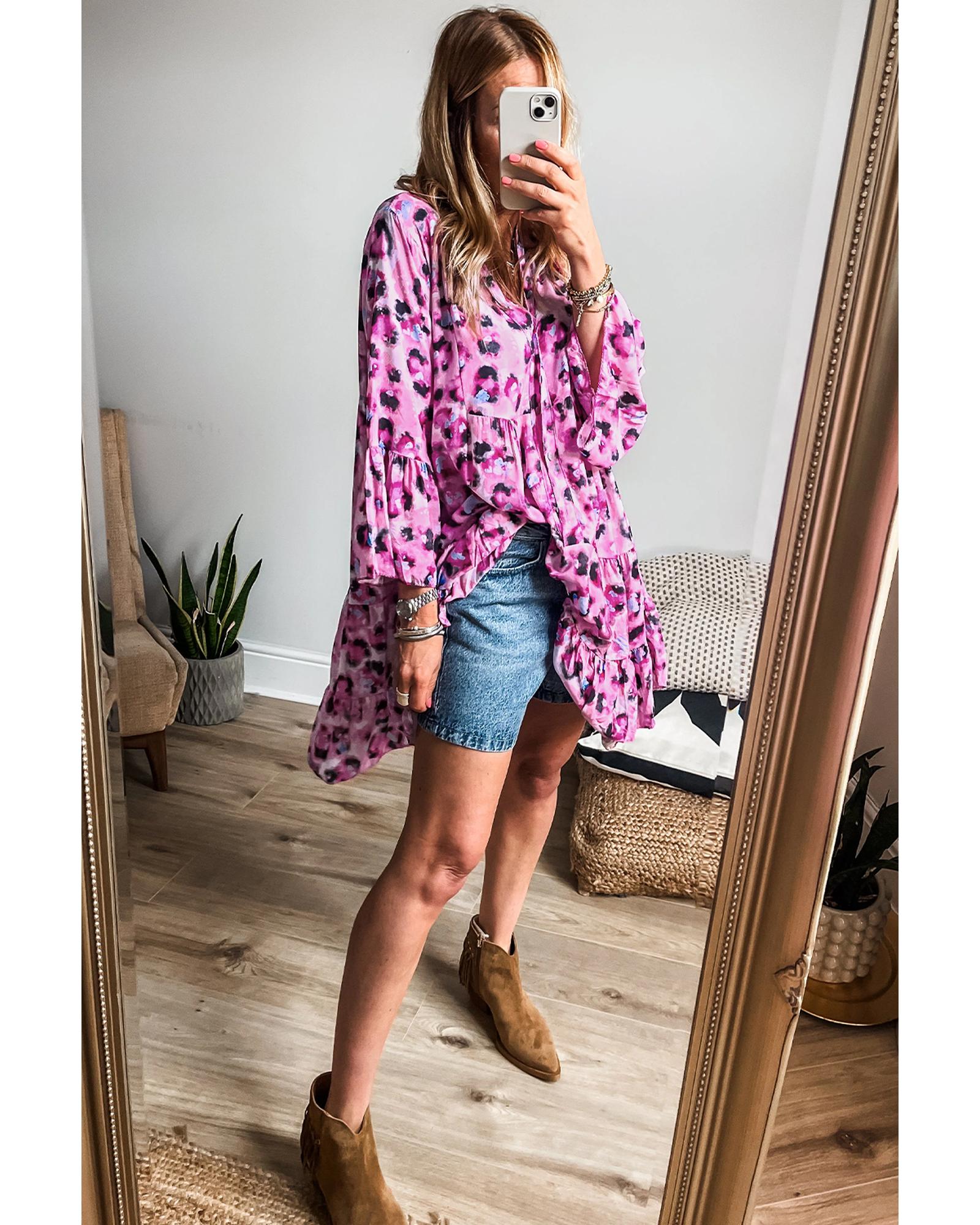 Rose Leopard Print Buttoned Front 3/4 Sleeve Tiered Ruffled Hem Dress - L