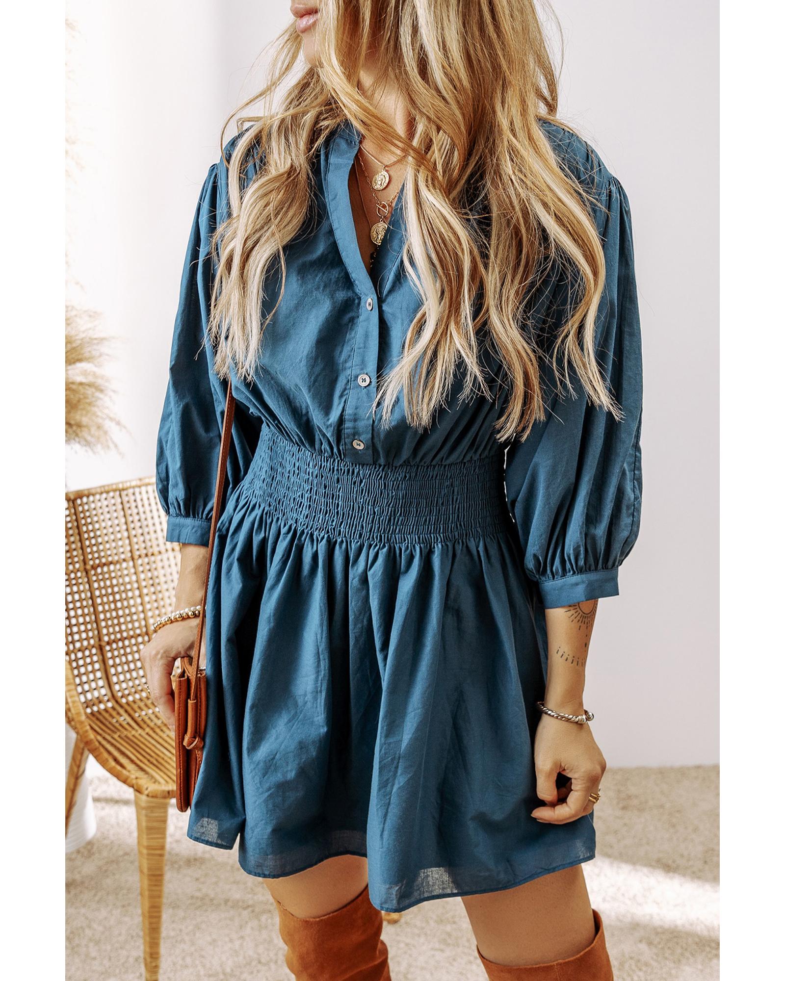 Prussian Blue 3/4 Sleeve Shirred High Waist Buttoned Mini Dress - L