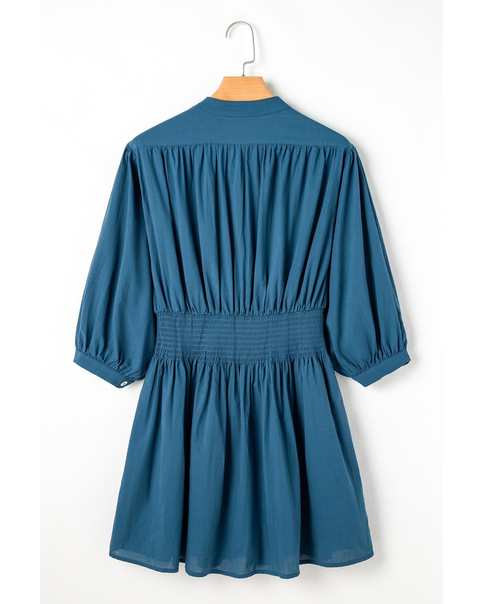 Prussian Blue 3/4 Sleeve Shirred High Waist Buttoned Mini Dress - L
