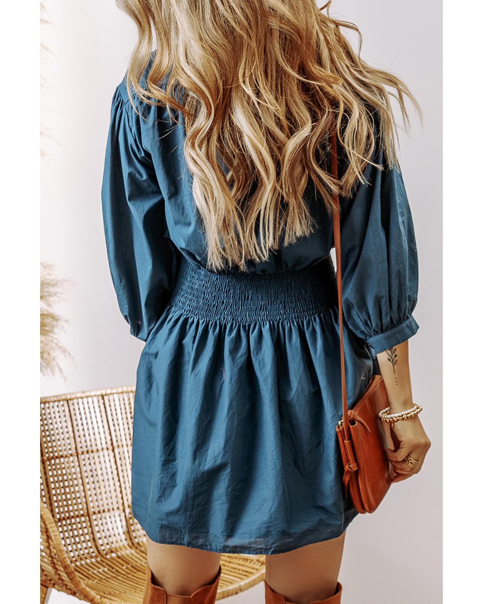 Prussian Blue 3/4 Sleeve Shirred High Waist Buttoned Mini Dress - L