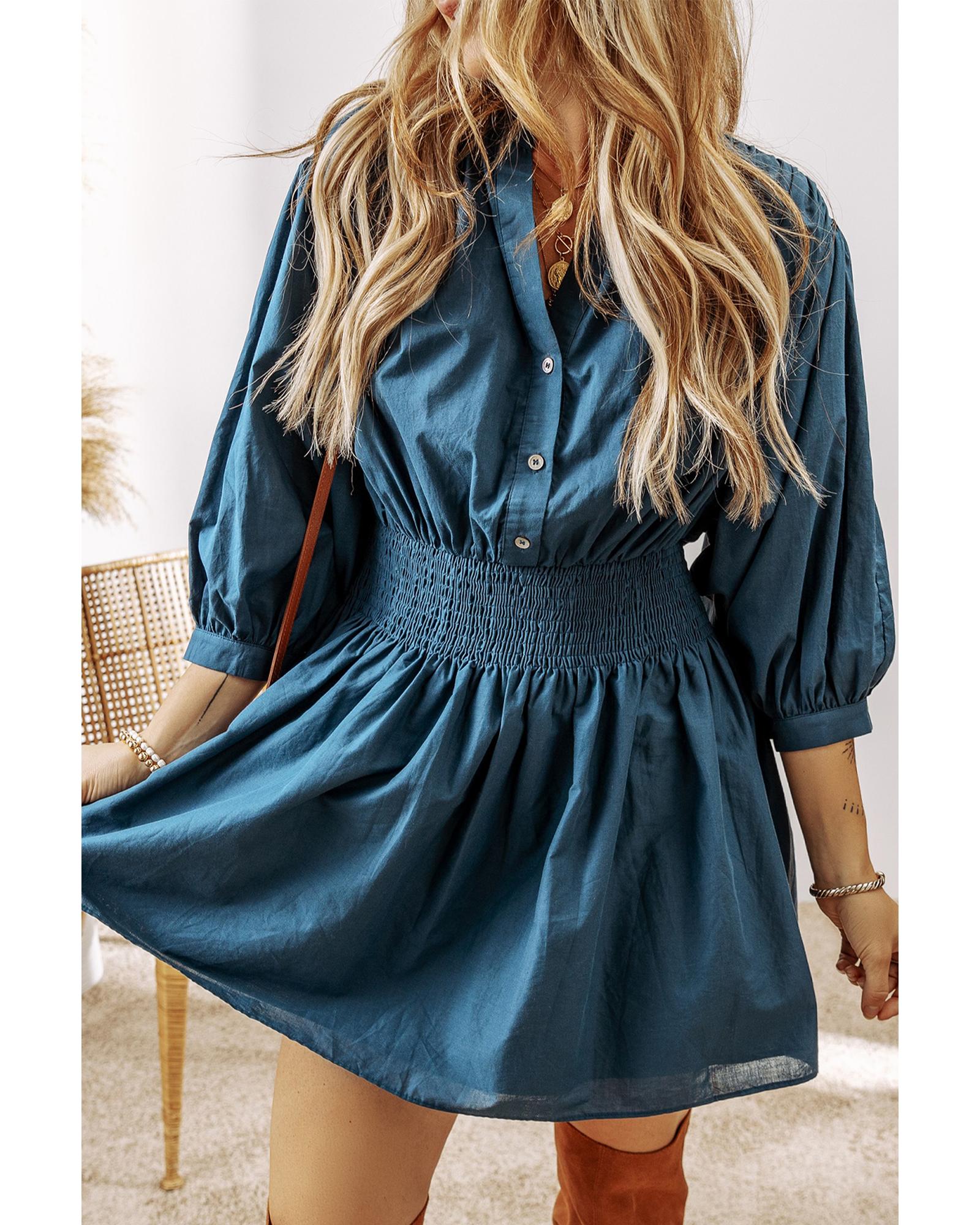 Prussian Blue 3/4 Sleeve Shirred High Waist Buttoned Mini Dress - L