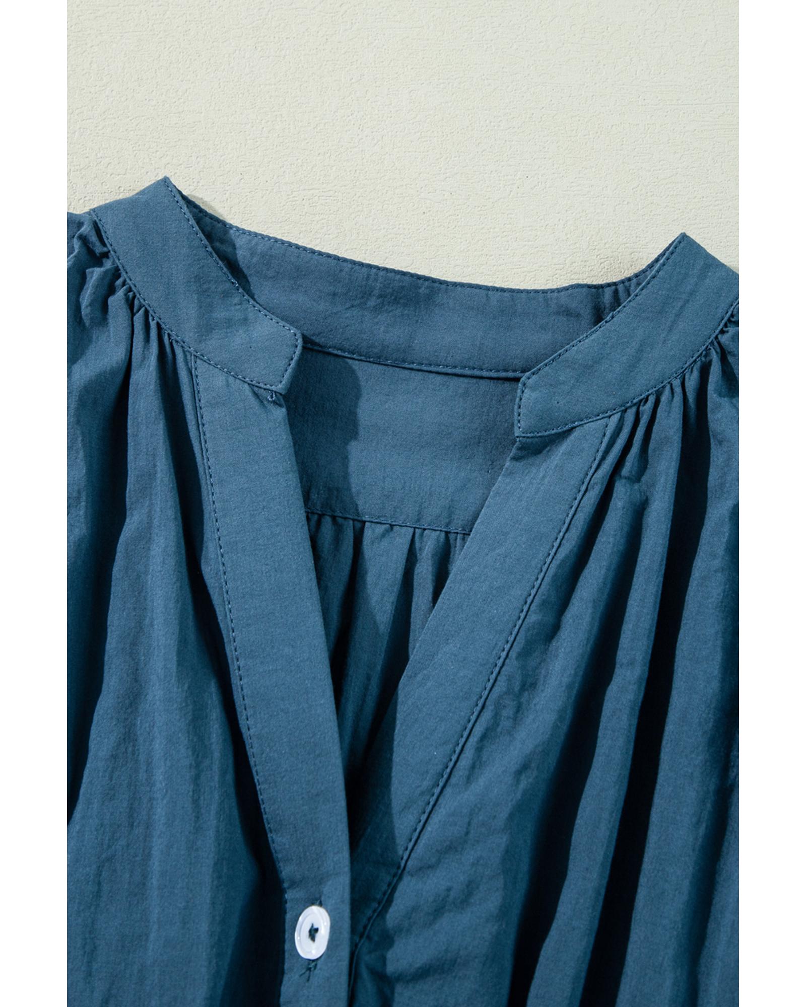 Prussian Blue 3/4 Sleeve Shirred High Waist Buttoned Mini Dress - L
