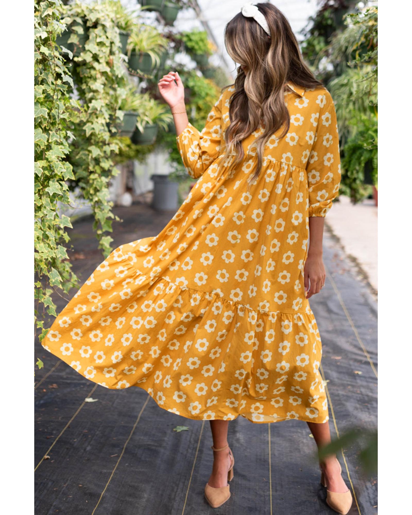 Yellow Flower Print Bracelet Sleeve Buttons Collared Maxi Dress - M