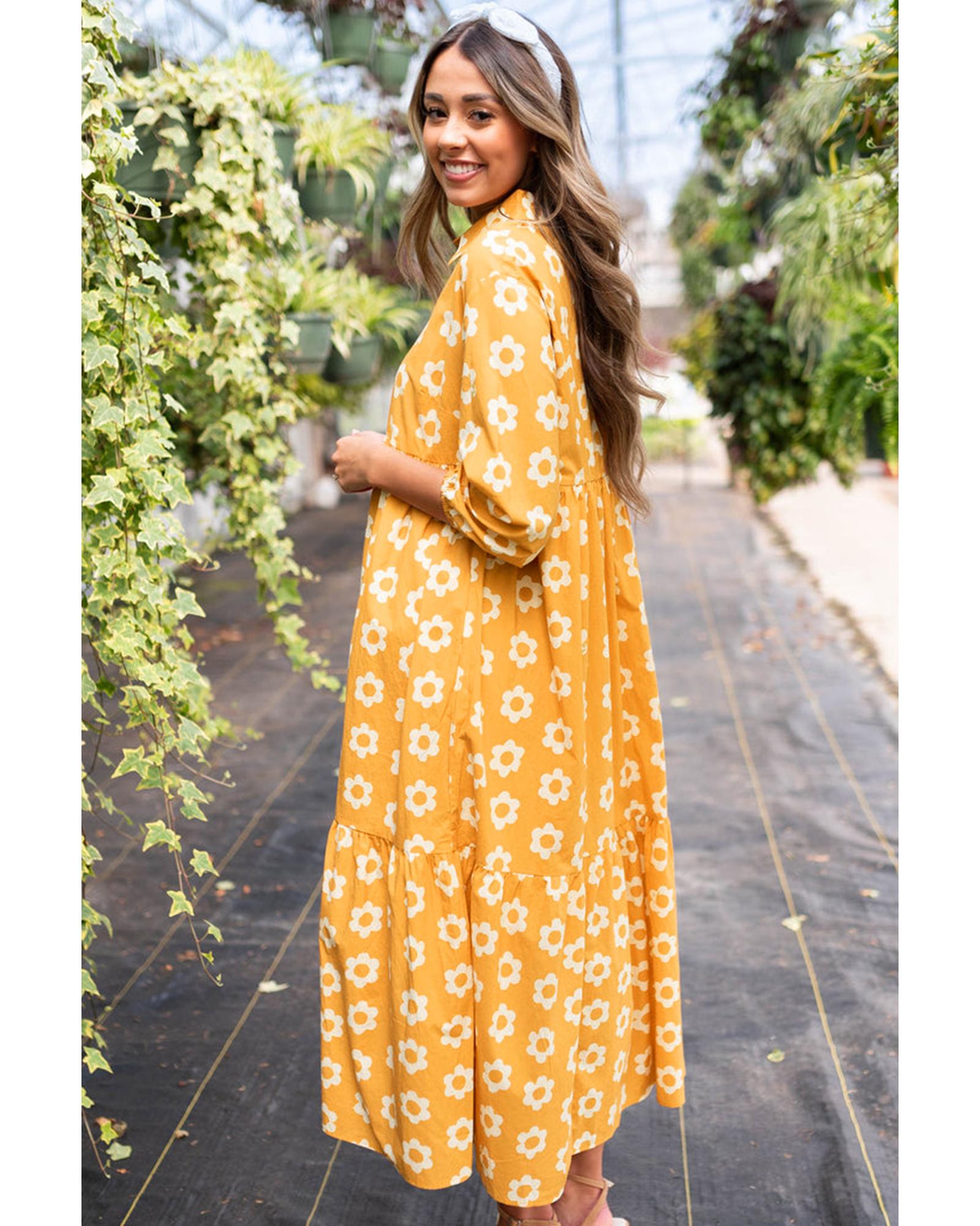 Yellow Flower Print Bracelet Sleeve Buttons Collared Maxi Dress - M