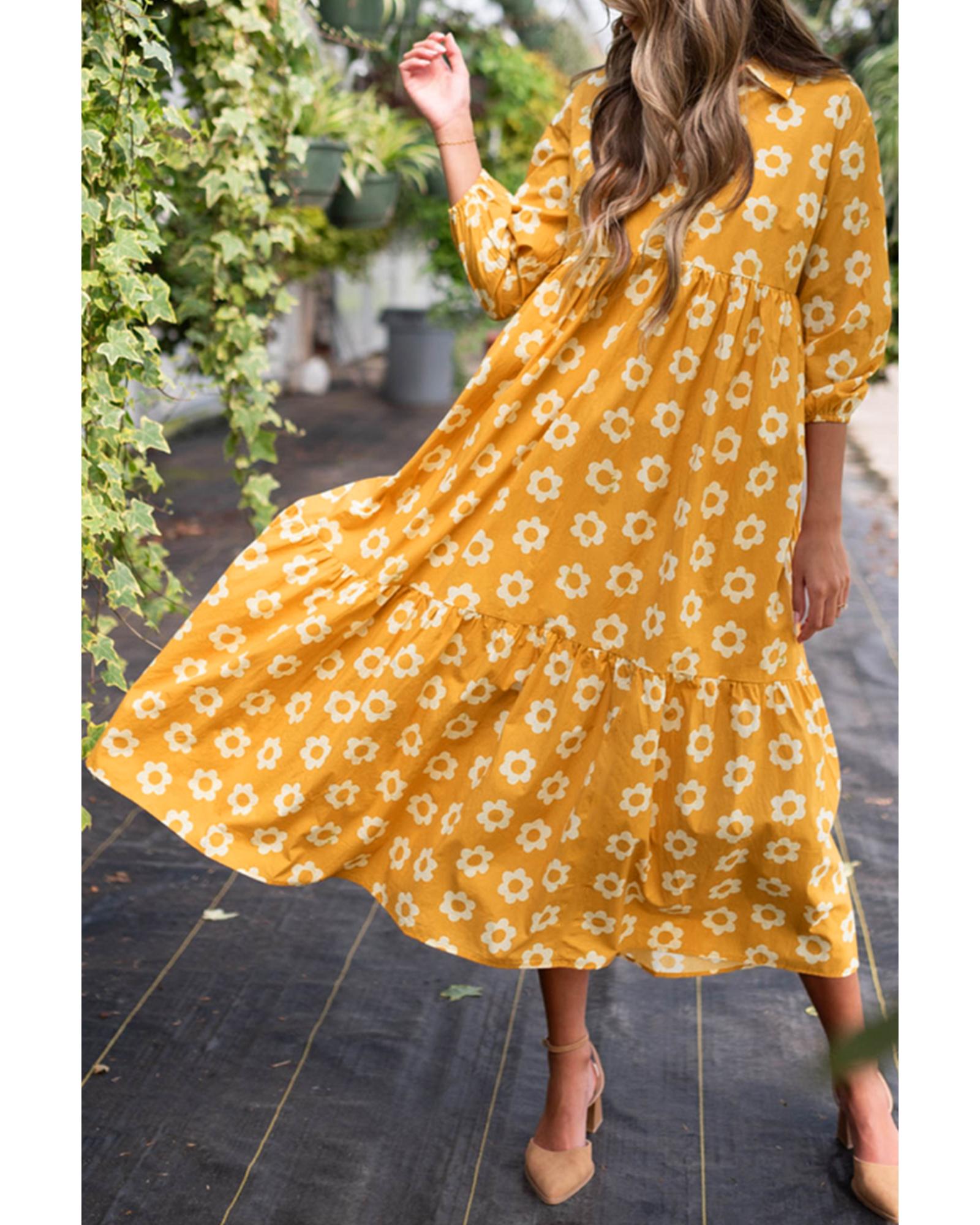 Yellow Flower Print Bracelet Sleeve Buttons Collared Maxi Dress - M