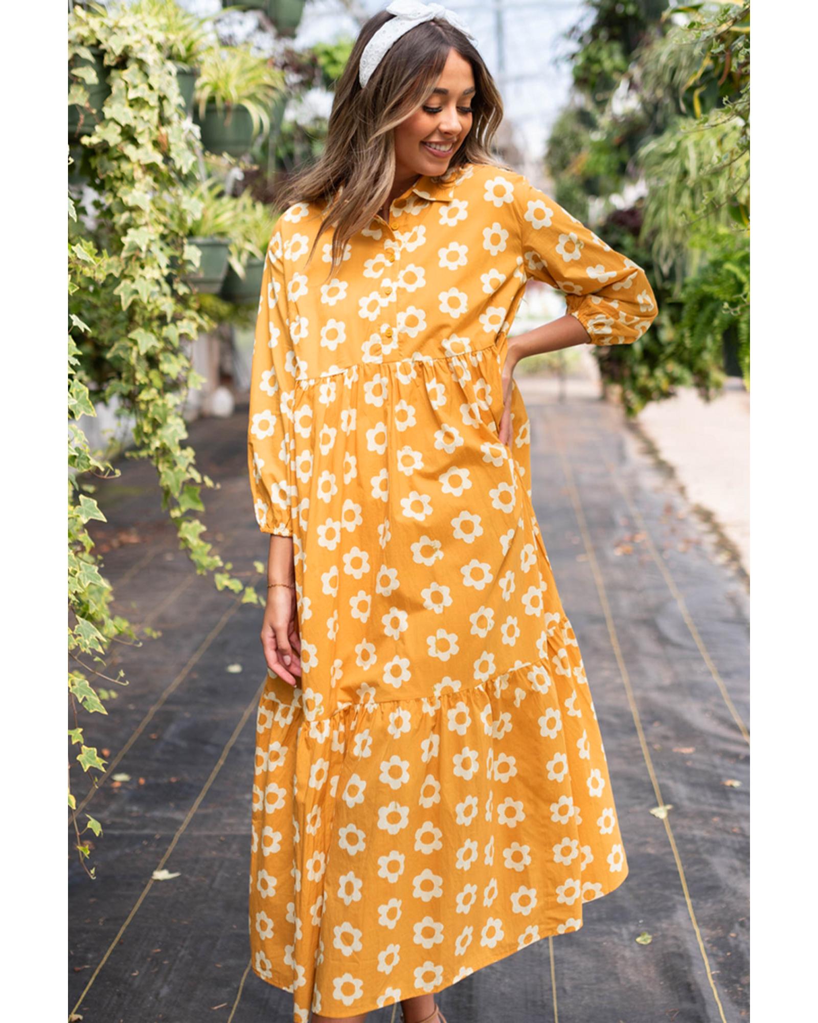 Yellow Flower Print Bracelet Sleeve Buttons Collared Maxi Dress - M