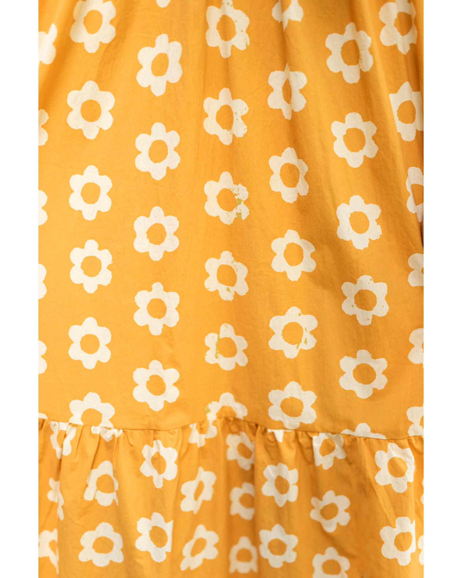 Yellow Flower Print Bracelet Sleeve Buttons Collared Maxi Dress - M
