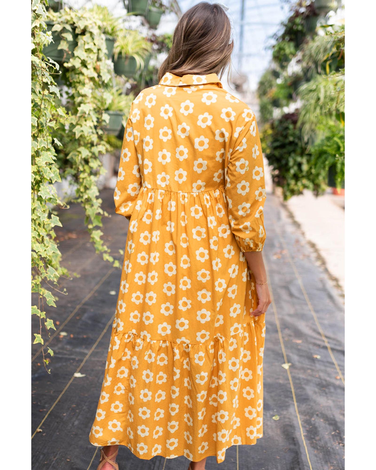 Yellow Flower Print Bracelet Sleeve Buttons Collared Maxi Dress - M
