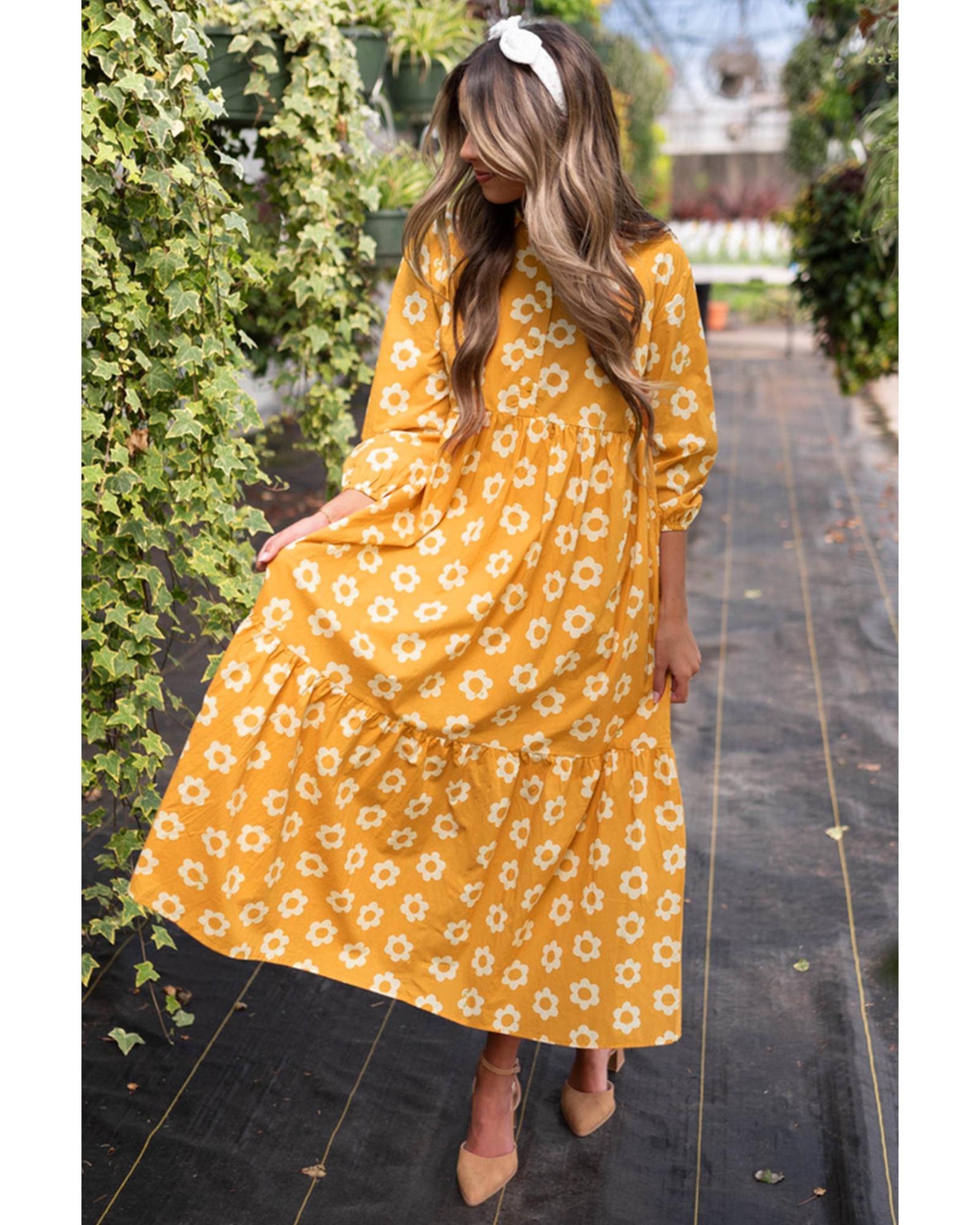 Yellow Flower Print Bracelet Sleeve Buttons Collared Maxi Dress - S