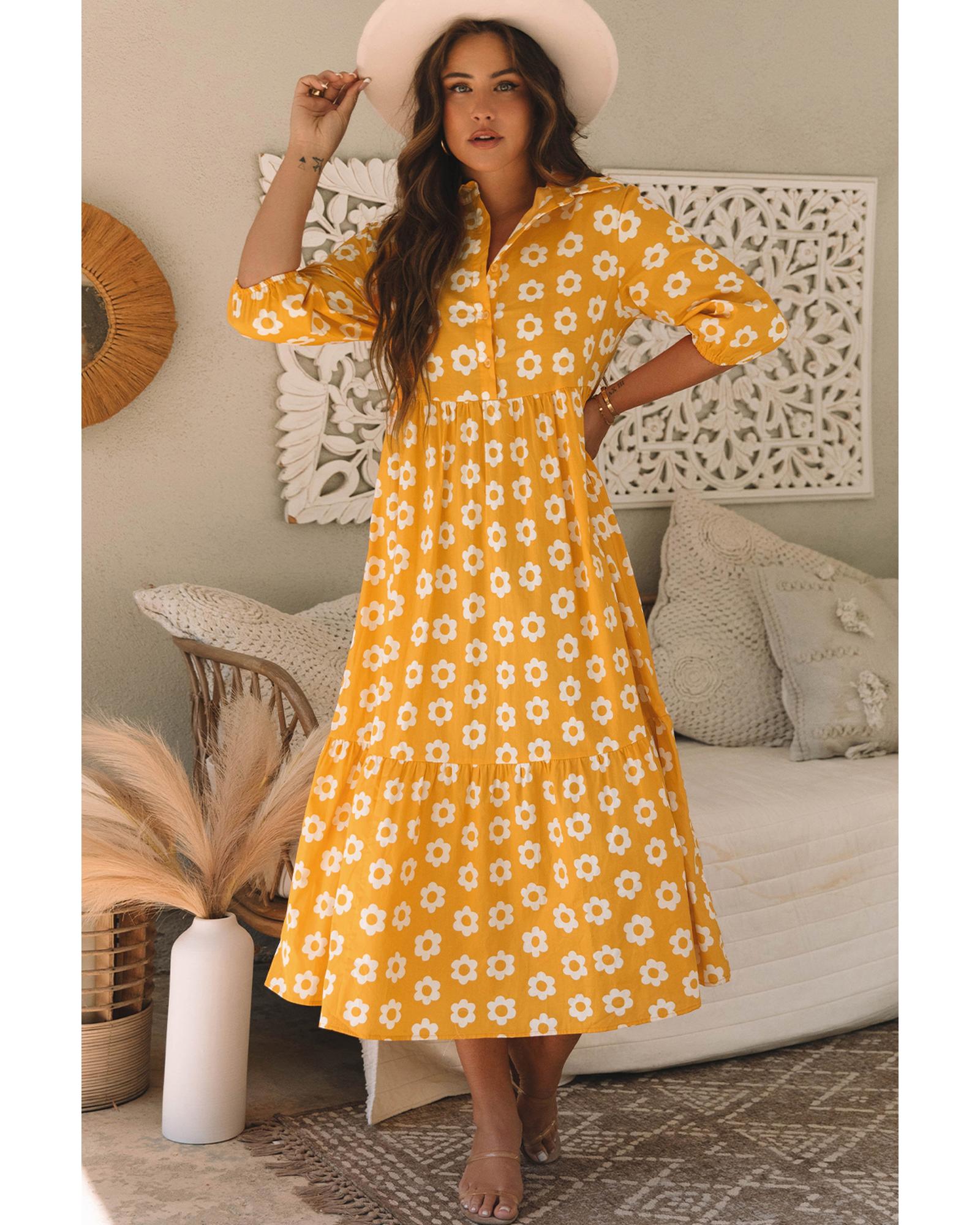 Yellow Flower Print Bracelet Sleeve Buttons Collared Maxi Dress - S