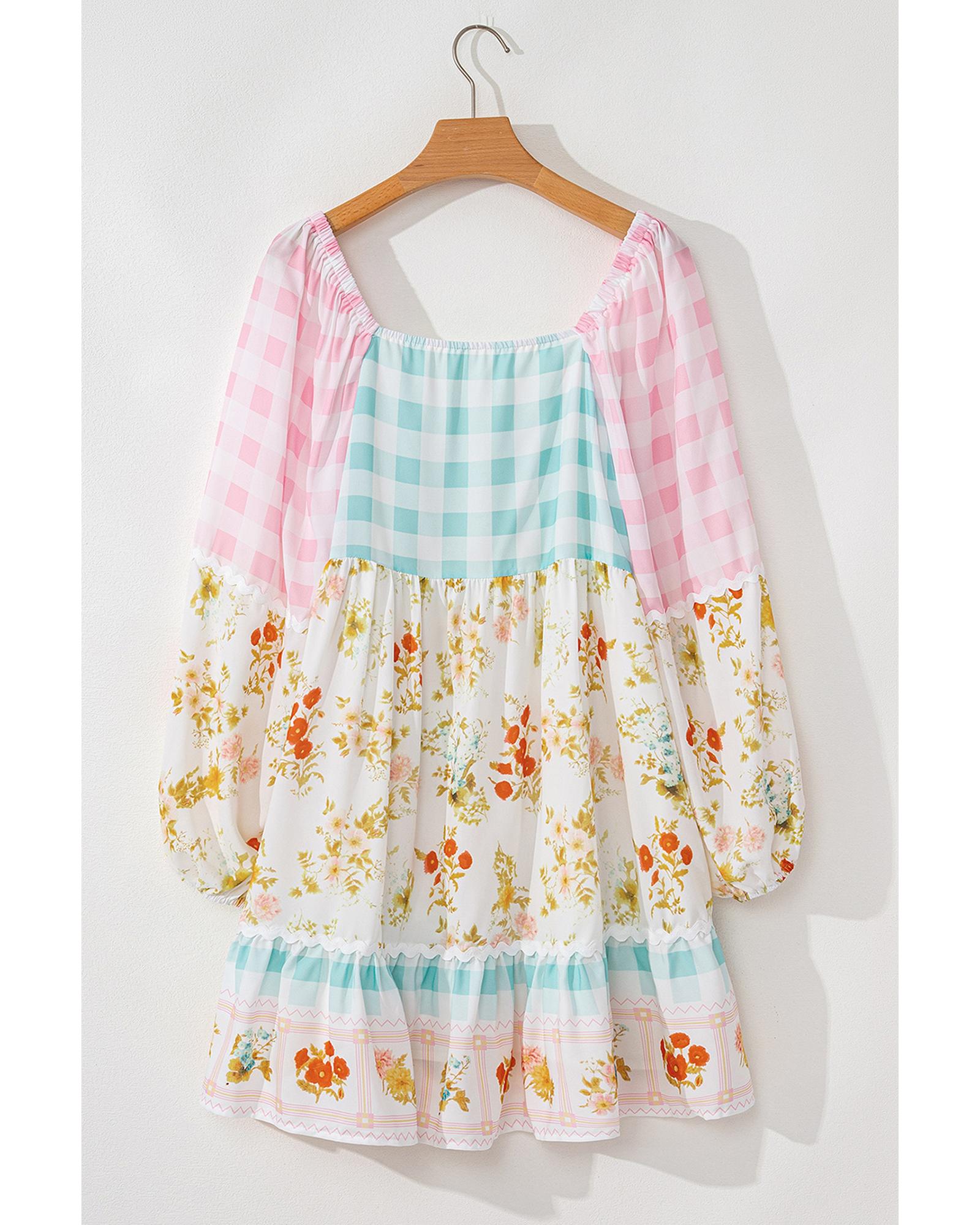 Pink Ric Rac Plaid Floral Print Patchwork Bubble Sleeve Dress - L
