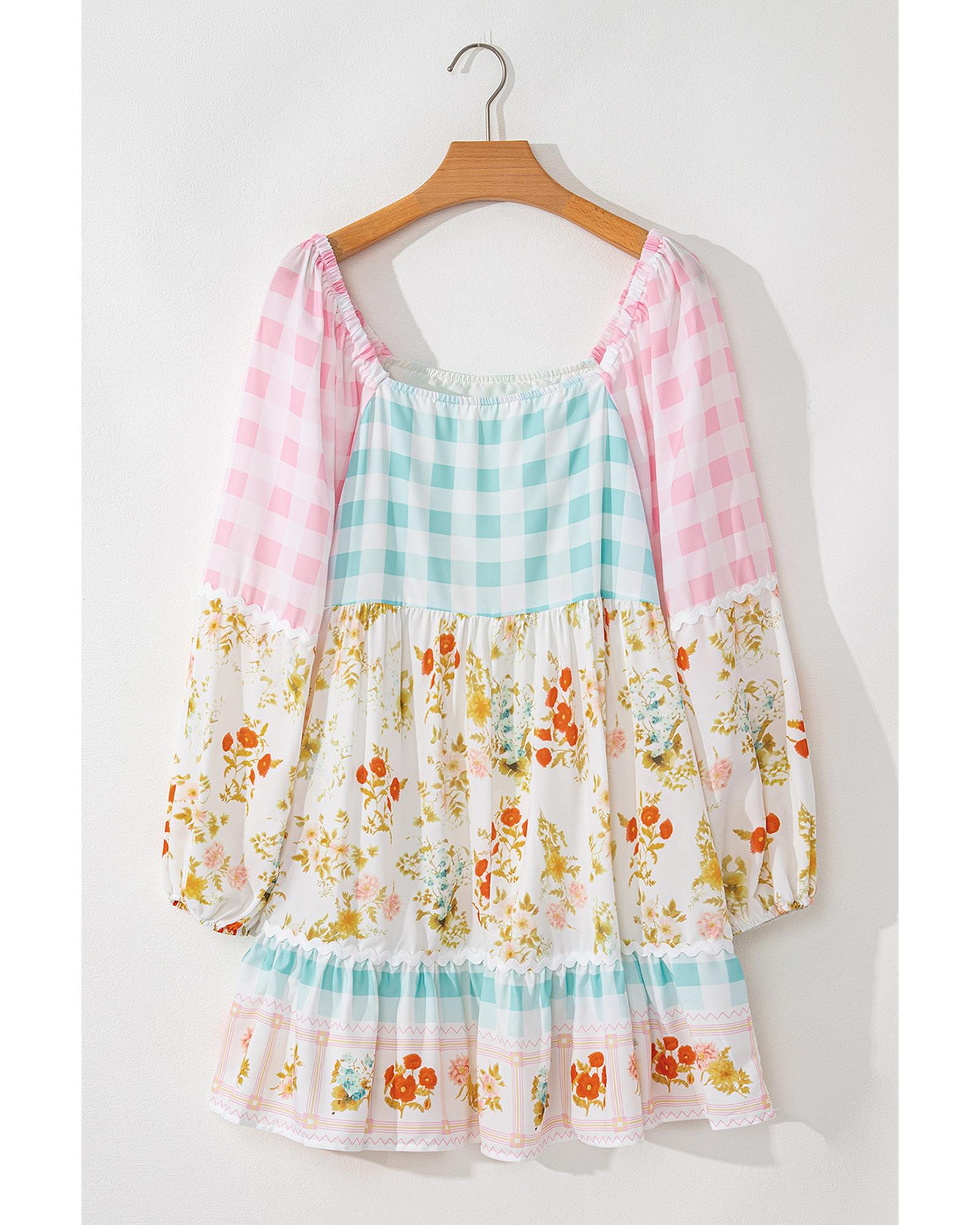 Pink Ric Rac Plaid Floral Print Patchwork Bubble Sleeve Dress - L