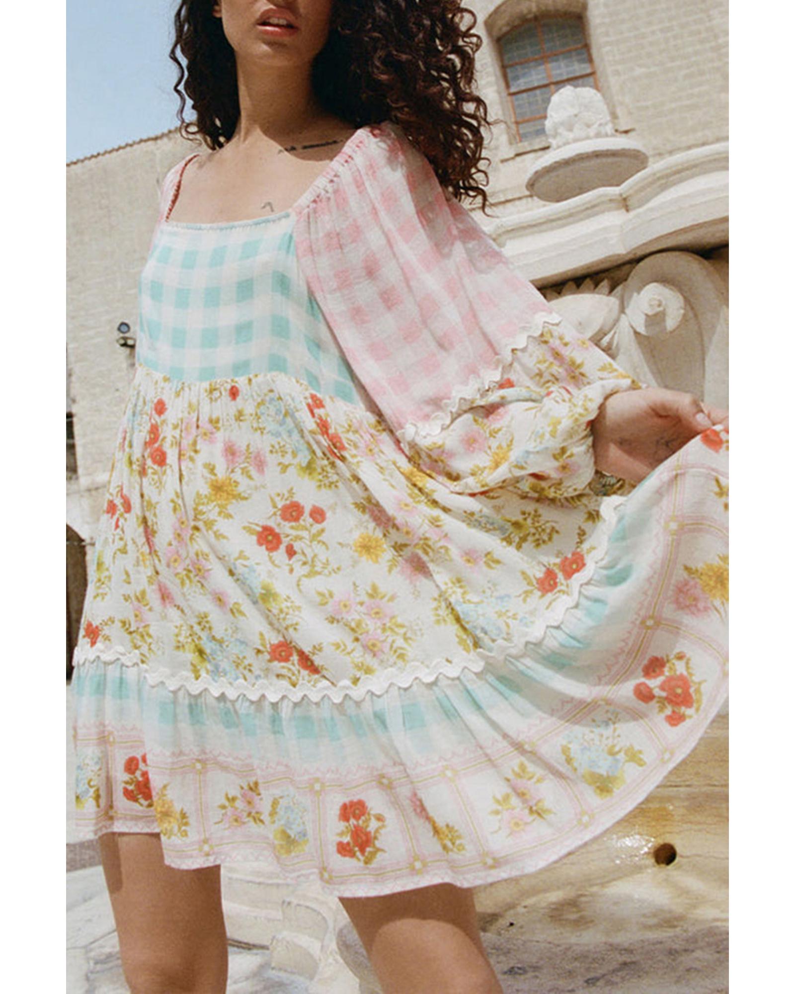 Pink Ric Rac Plaid Floral Print Patchwork Bubble Sleeve Dress - L