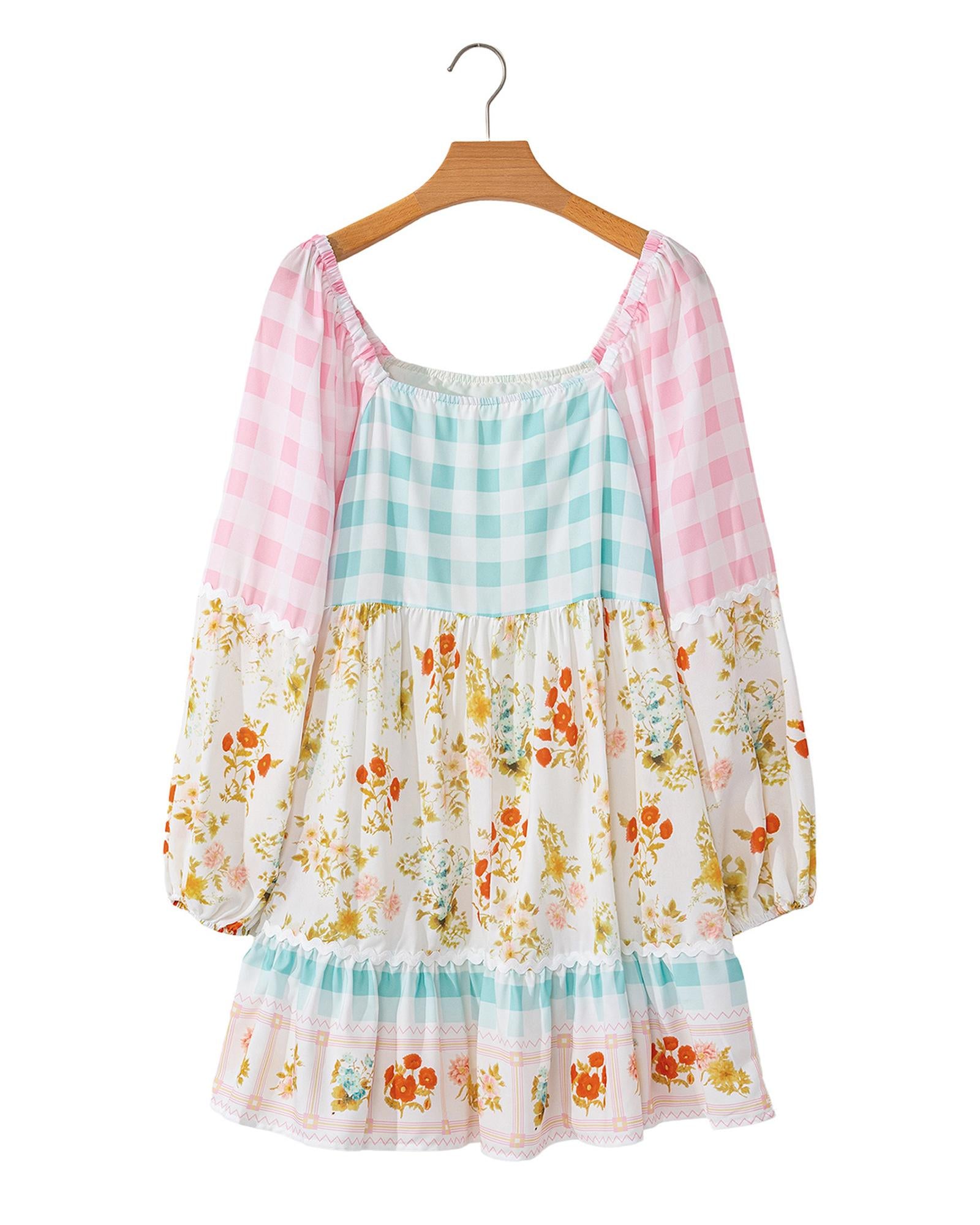 Pink Ric Rac Plaid Floral Print Patchwork Bubble Sleeve Dress - L