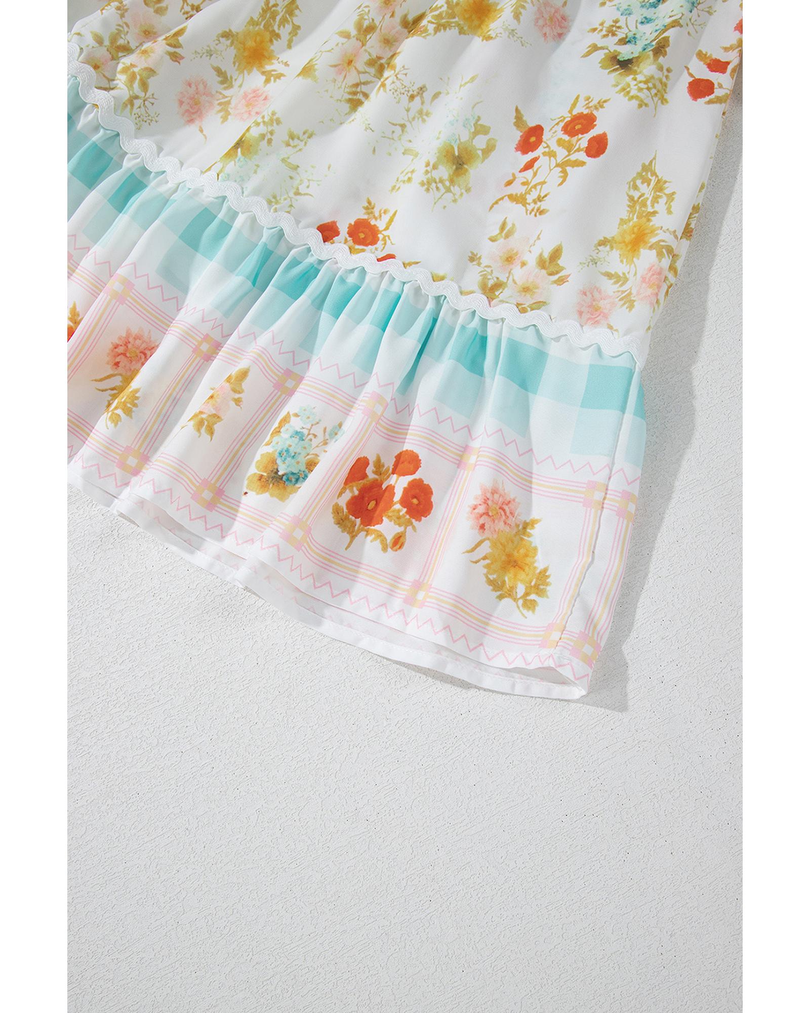 Pink Ric Rac Plaid Floral Print Patchwork Bubble Sleeve Dress - L