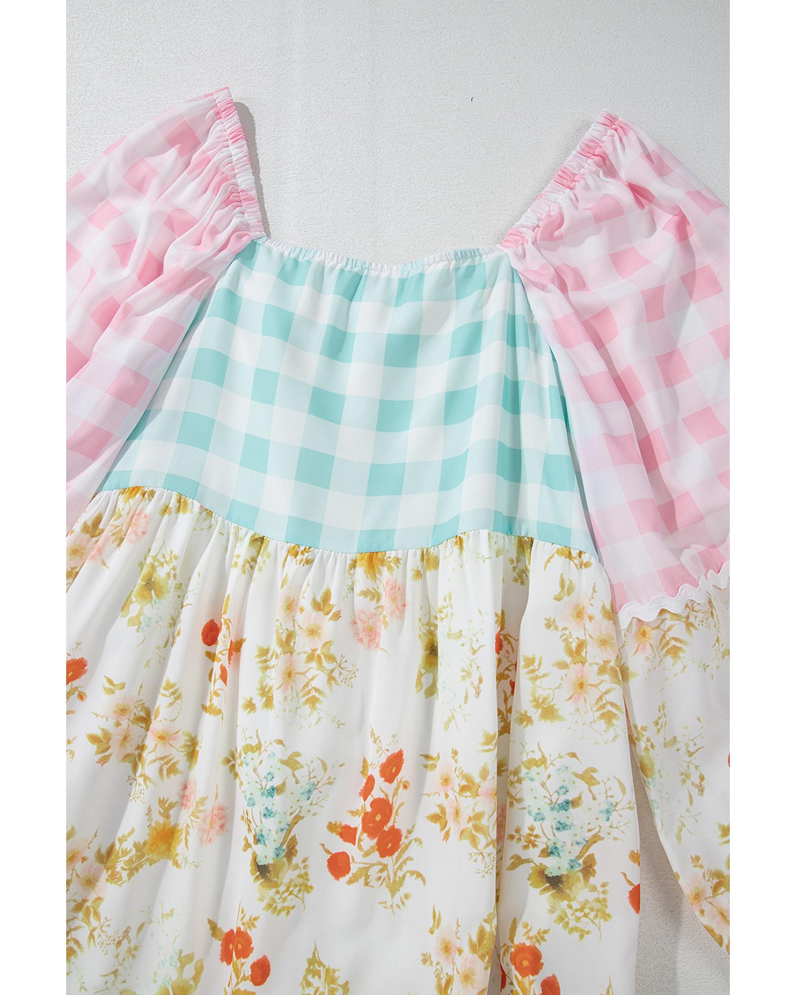 Pink Ric Rac Plaid Floral Print Patchwork Bubble Sleeve Dress - L