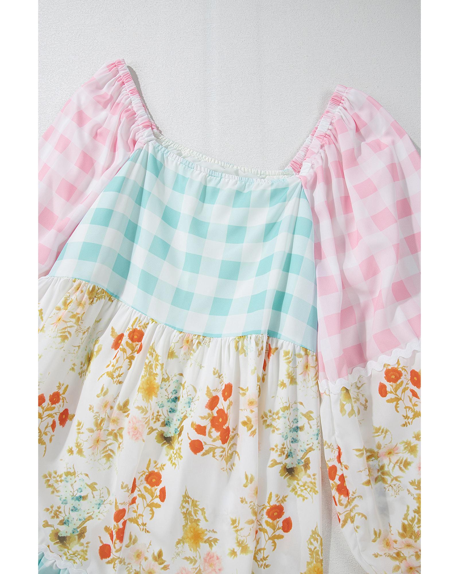 Pink Ric Rac Plaid Floral Print Patchwork Bubble Sleeve Dress - M