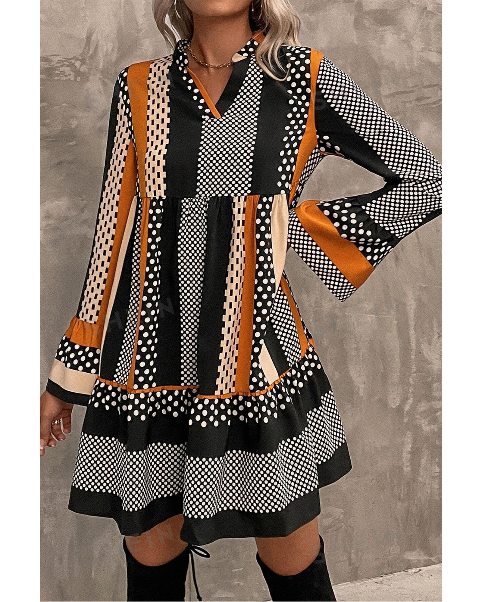 Black Striped Polka Dot Print Ruffled Hem V Neck Mini Dress - M
