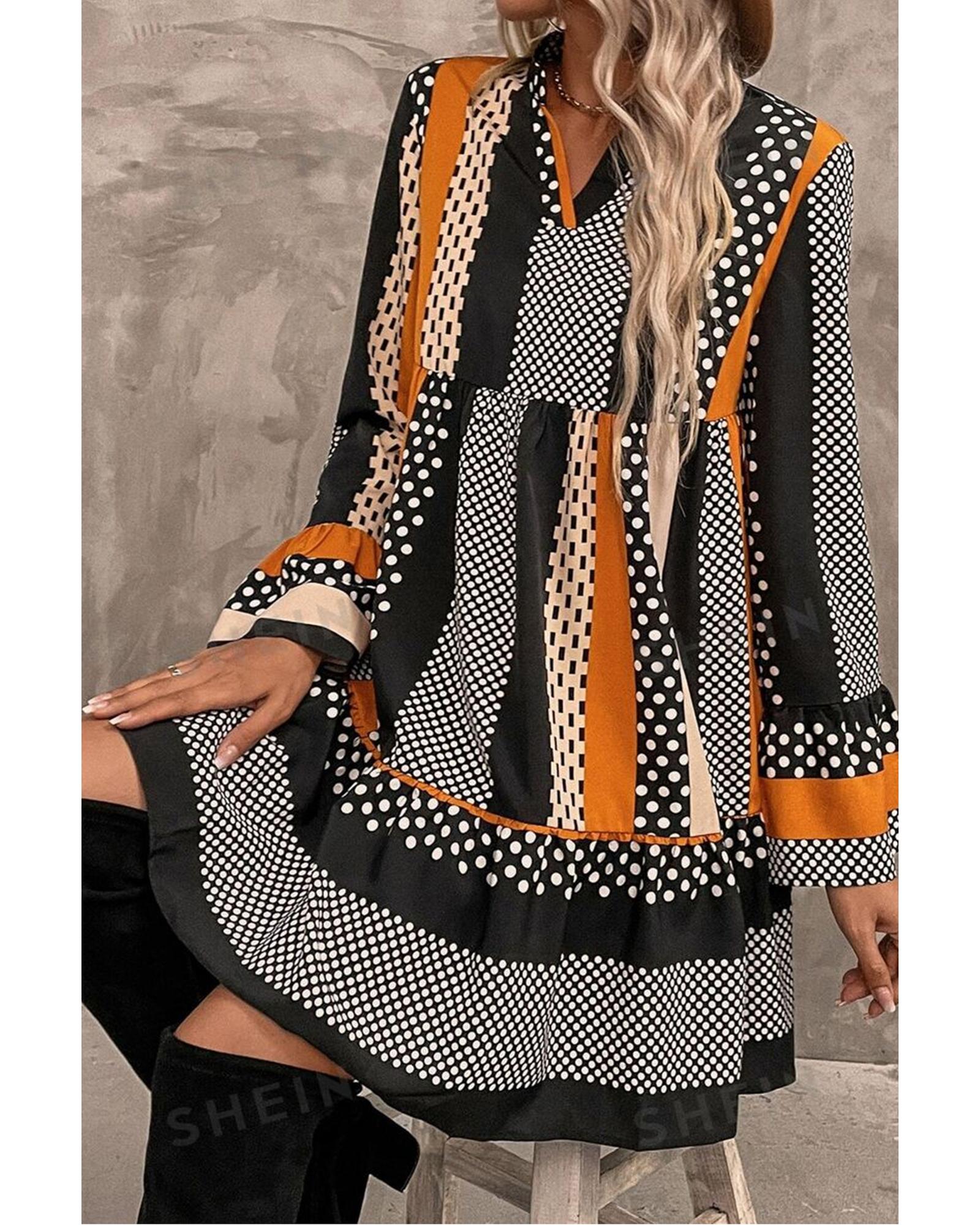 Black Striped Polka Dot Print Ruffled Hem V Neck Mini Dress - M