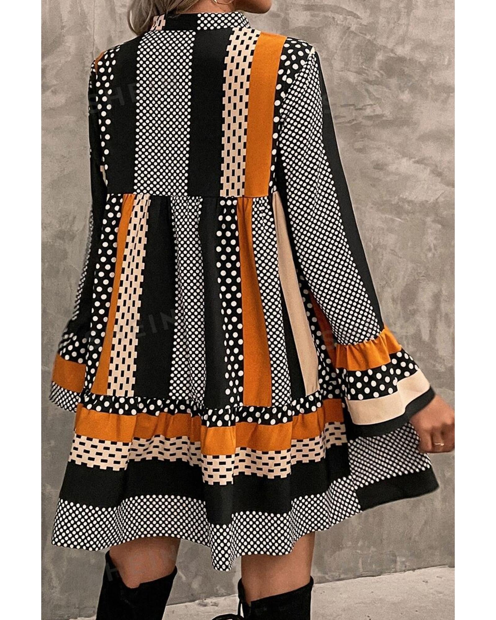 Black Striped Polka Dot Print Ruffled Hem V Neck Mini Dress - XL