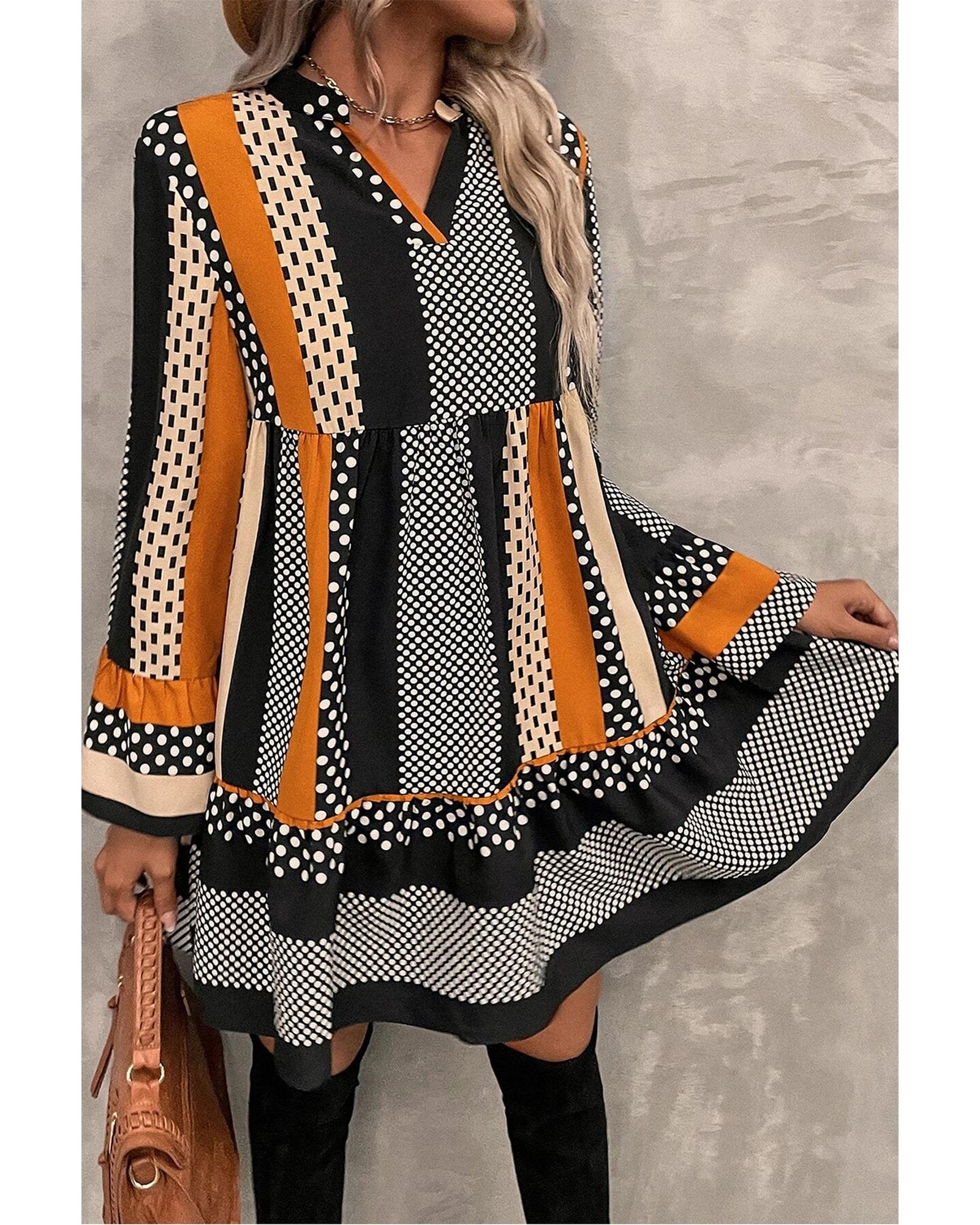 Black Striped Polka Dot Print Ruffled Hem V Neck Mini Dress - XL
