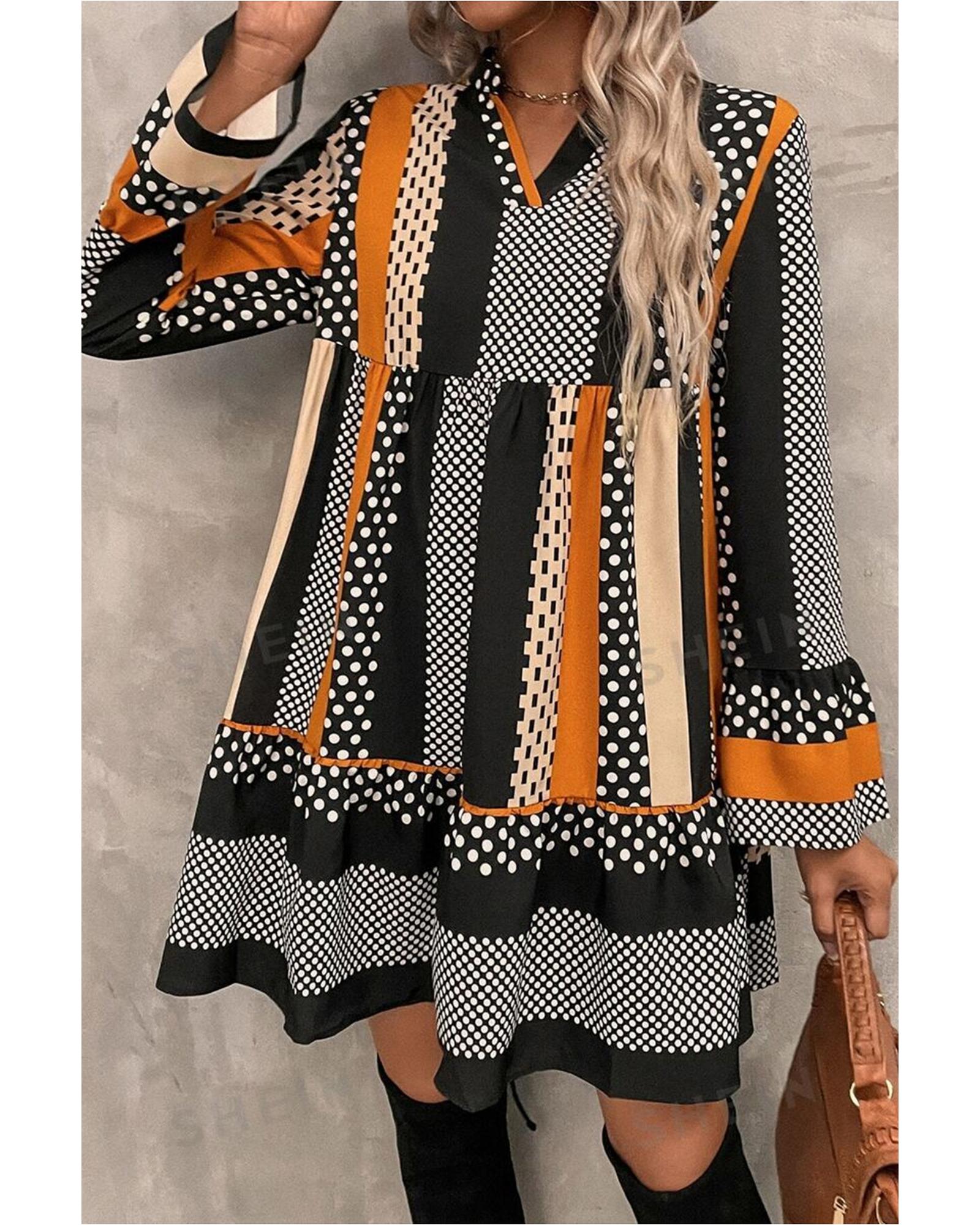 Black Striped Polka Dot Print Ruffled Hem V Neck Mini Dress - XL
