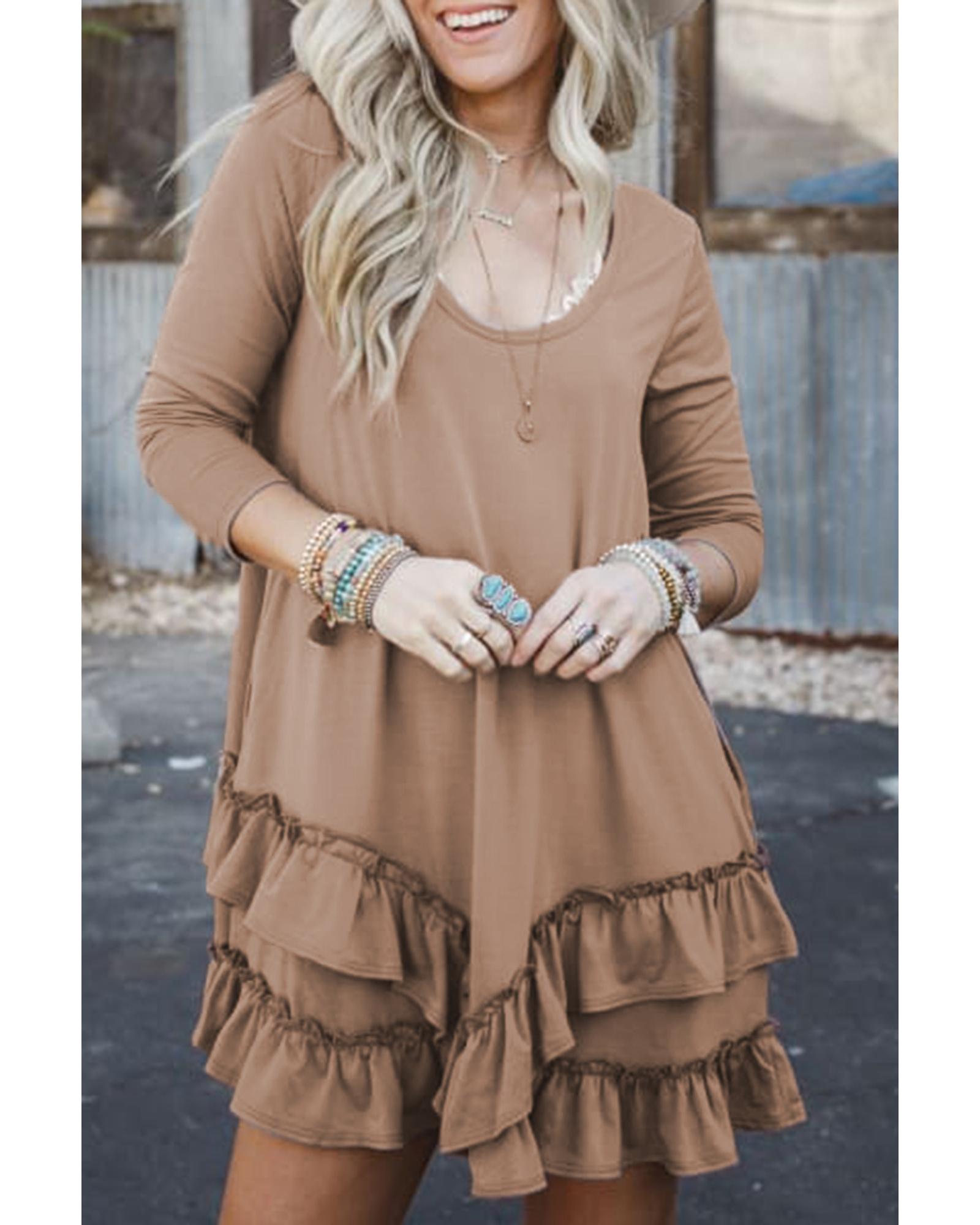 Goat Scoop Neck Tiered Ruffled Hem Long Sleeve Mini Dress - L