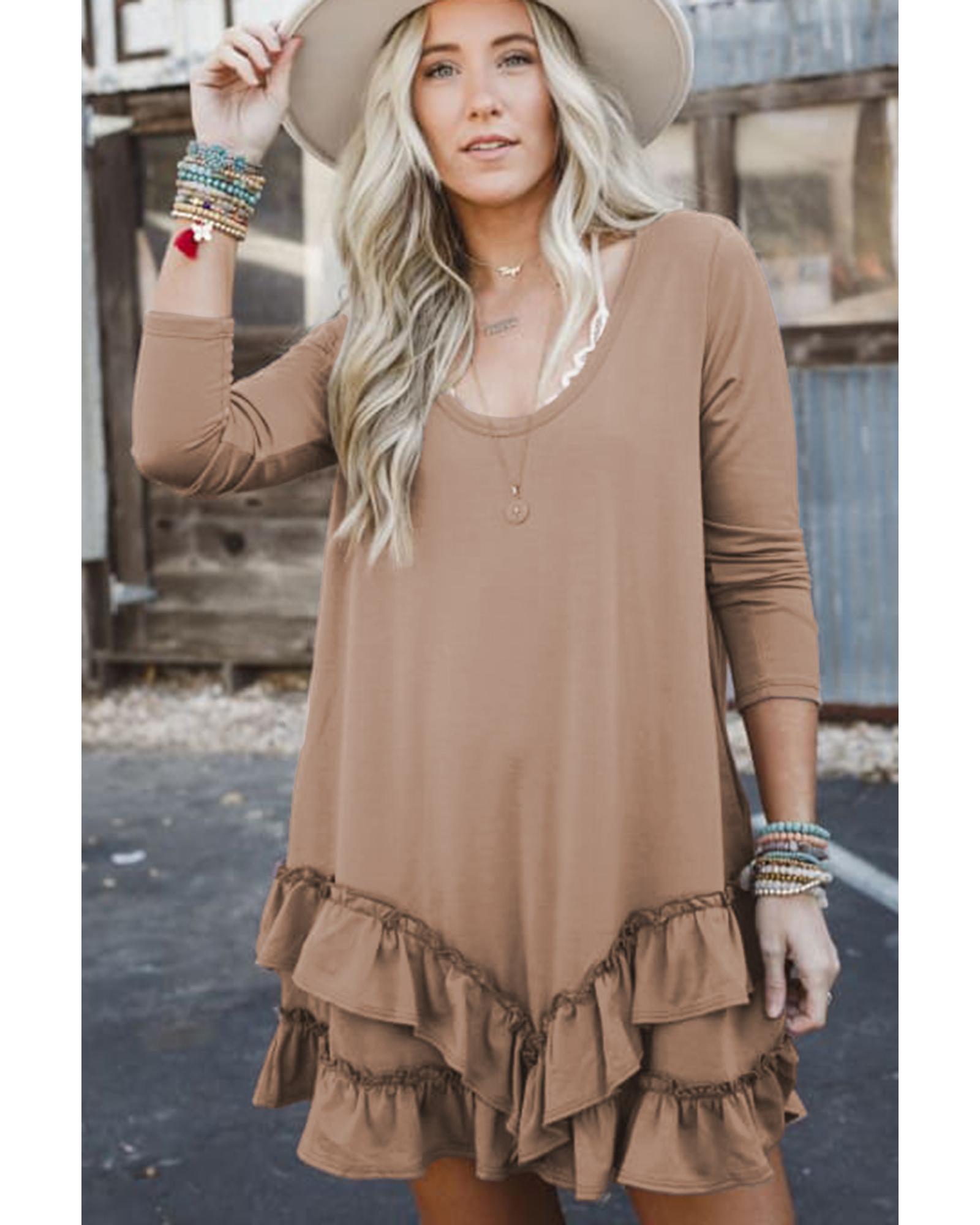 Goat Scoop Neck Tiered Ruffled Hem Long Sleeve Mini Dress - L