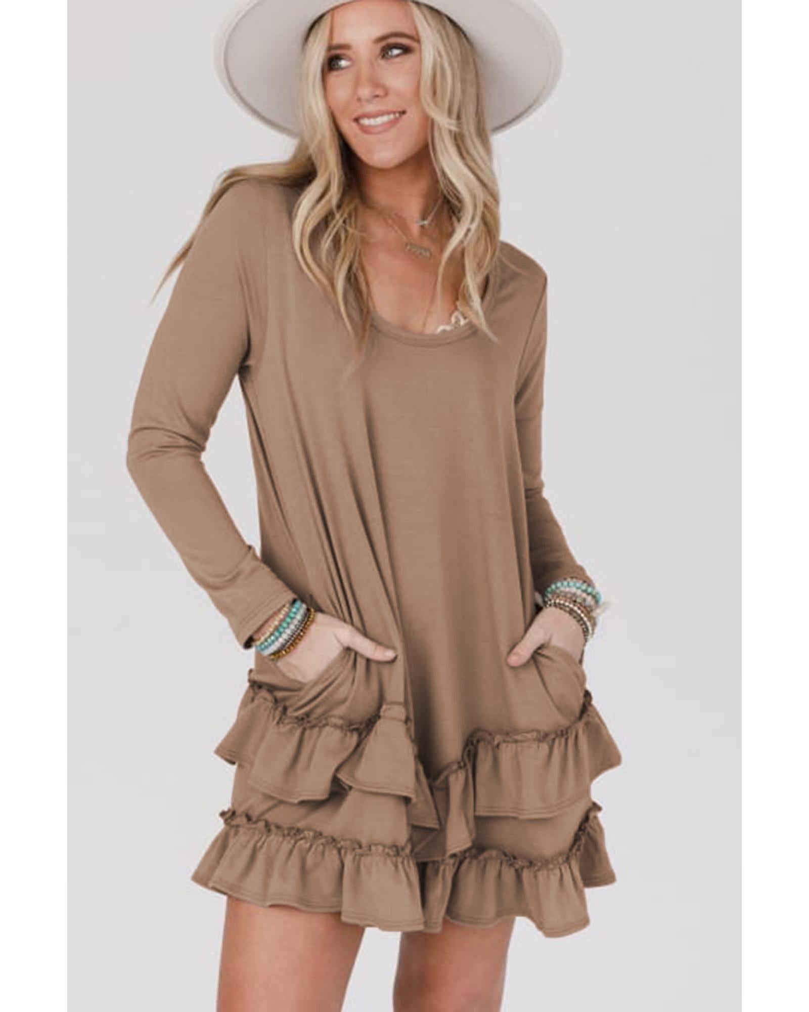 Goat Scoop Neck Tiered Ruffled Hem Long Sleeve Mini Dress - L