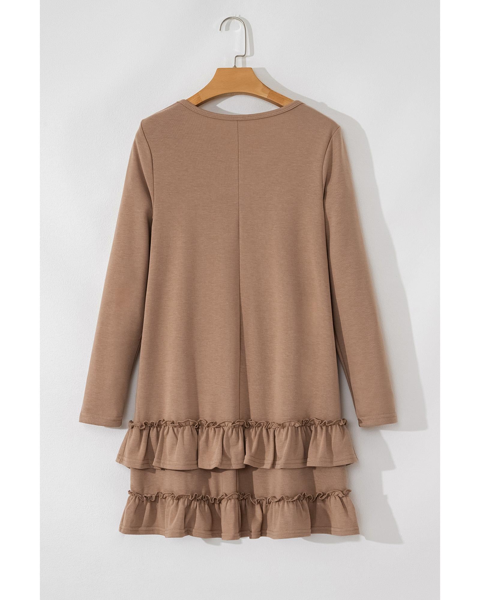 Goat Scoop Neck Tiered Ruffled Hem Long Sleeve Mini Dress - L