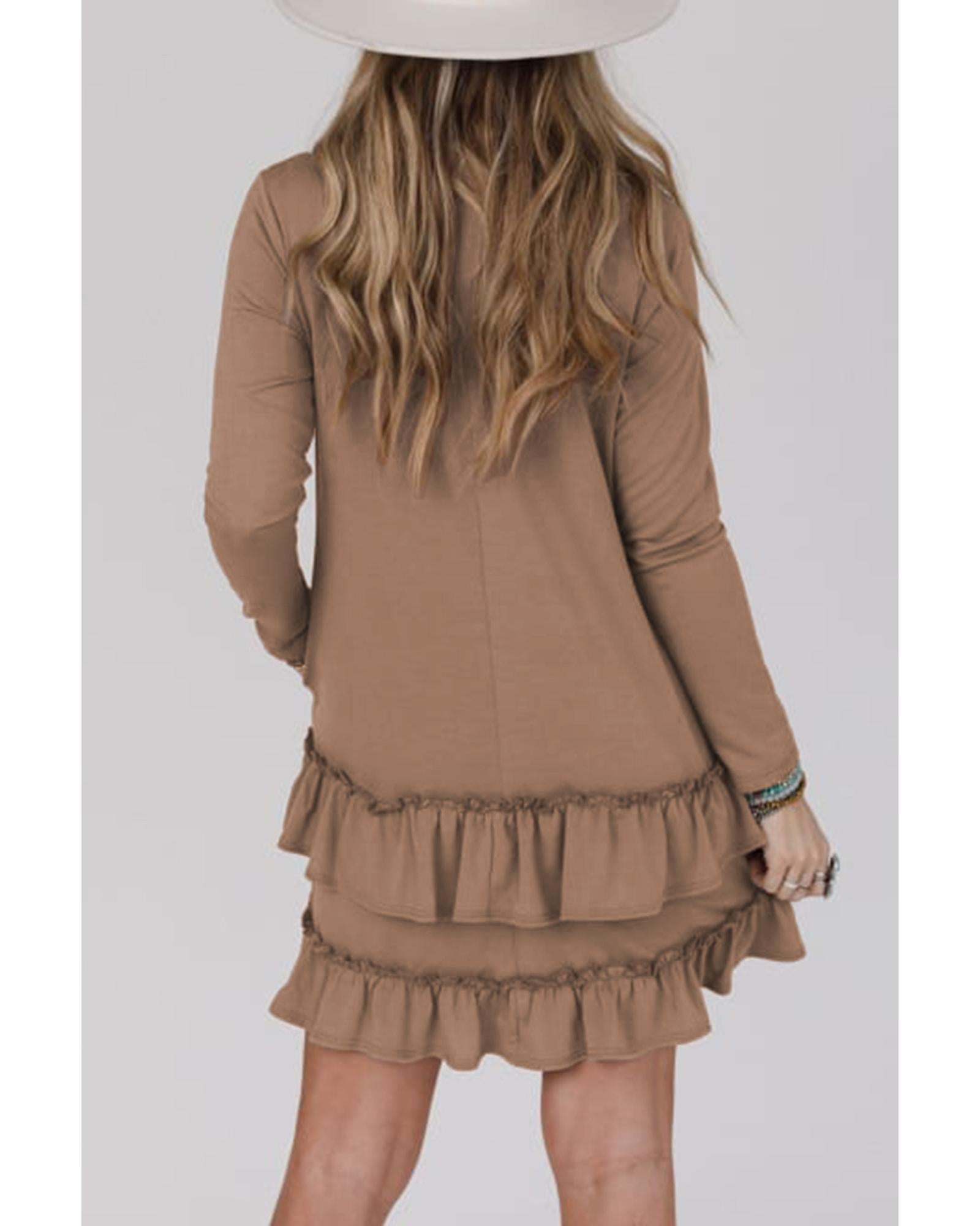 Goat Scoop Neck Tiered Ruffled Hem Long Sleeve Mini Dress - L
